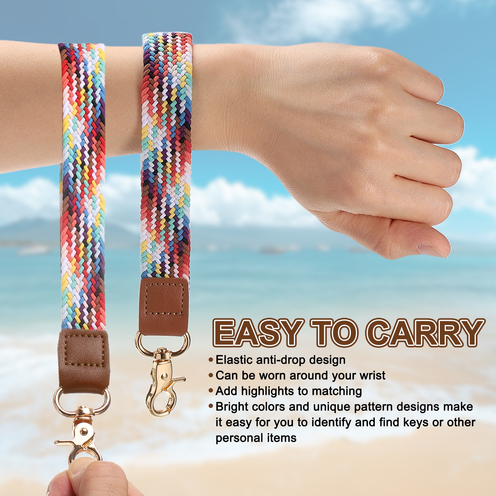 Wrist Lanyard Keychain, Braided Wristlet Strap with Silver Clasp, Rainbow