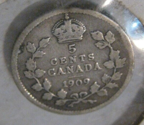 RARE Canada 1909 Edward VII Five Cent, w/ CROSS & ROUNDED LEAVES