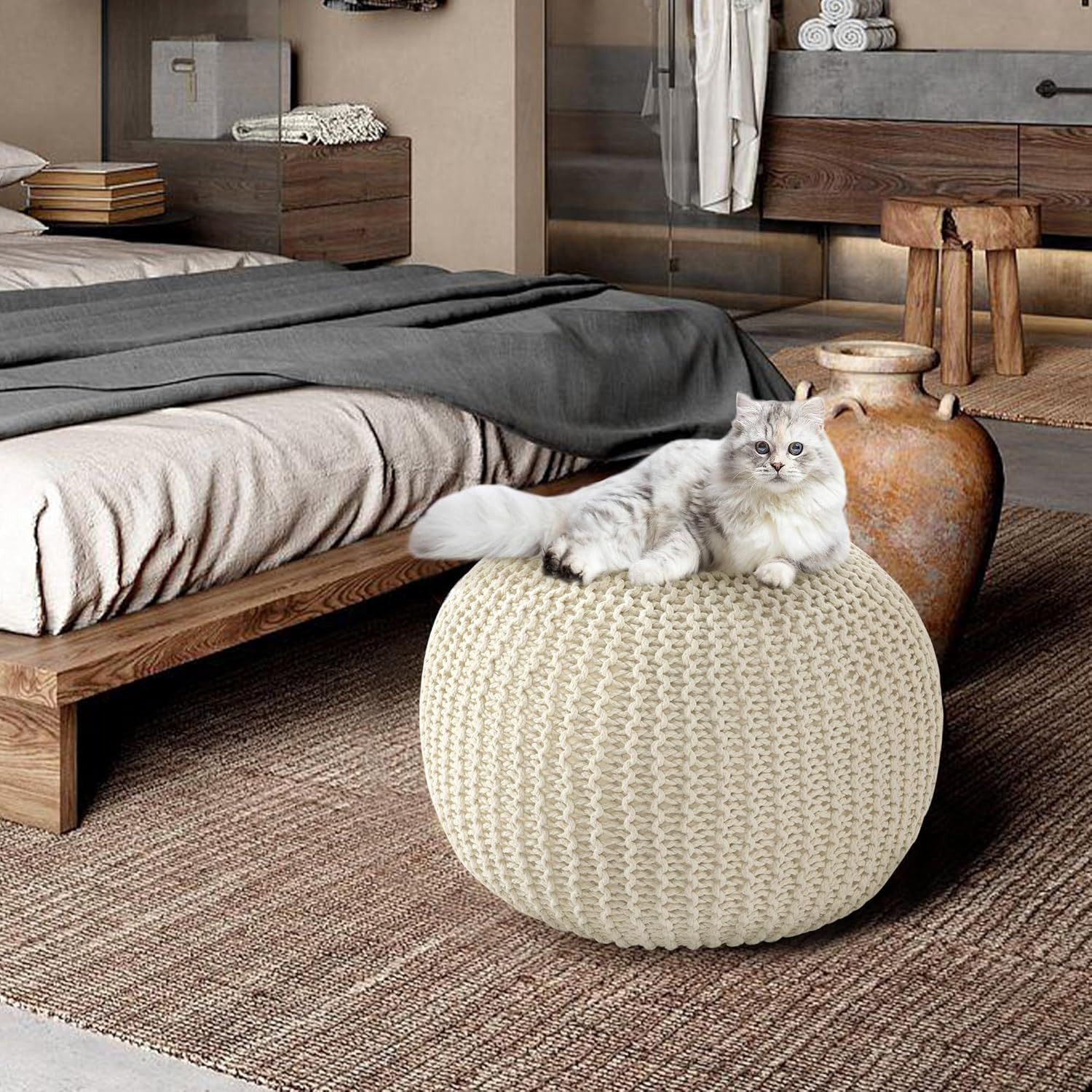 HOMBYS Unstuffed Ottoman Pouf Cover, 100% Cotton Handmade Knitted Ottoman Pouf C