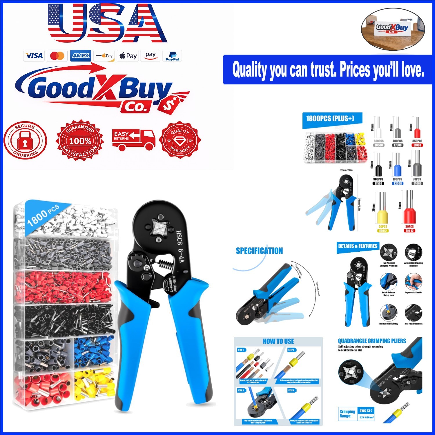 1800PCS Ferrule Crimping Tool Kit with Self-Adjust Ratchet for AWG 23-7, 0.25...