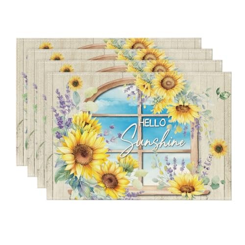 Sunshine Window Blue Sky Sunflowers Summer Placemats Set of 4, 12x18 Inch