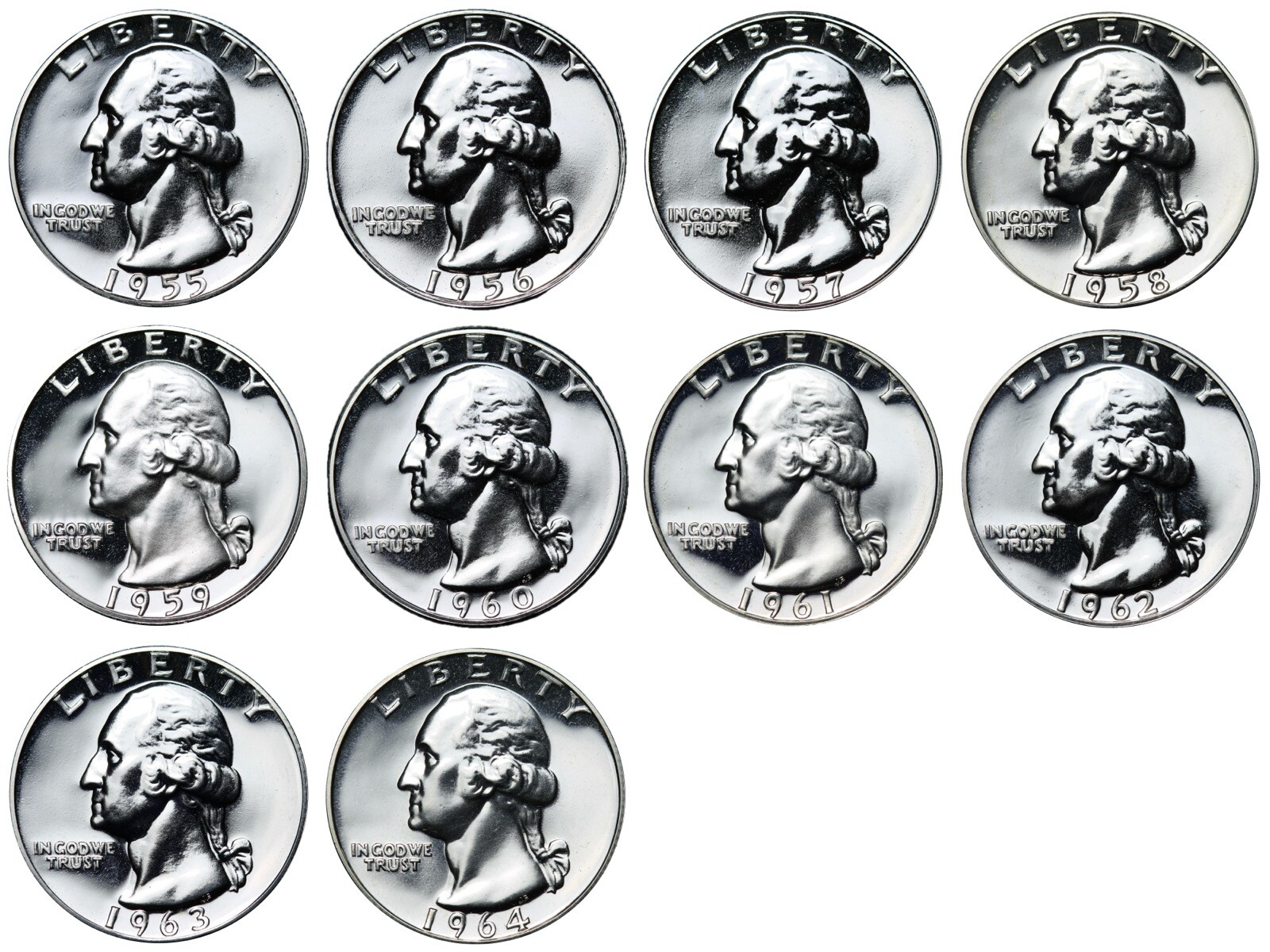 GEM PROOF 1955 to 1964 Washington Quarter 10 SILVER Coin Set! Nice!