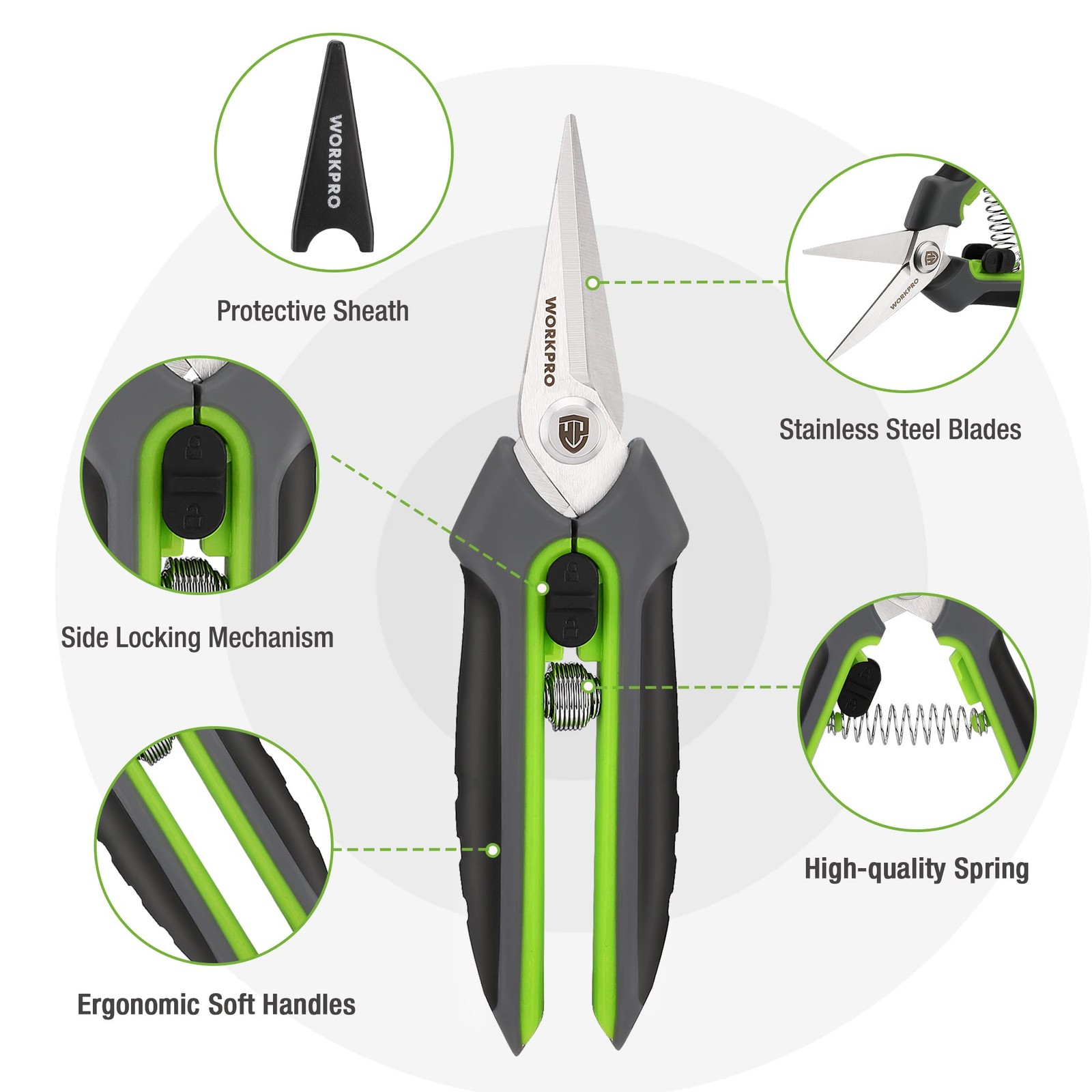 WORKPRO Garden Pruning Shears 2 Pack, 8" Bypass Green, Grey, Black