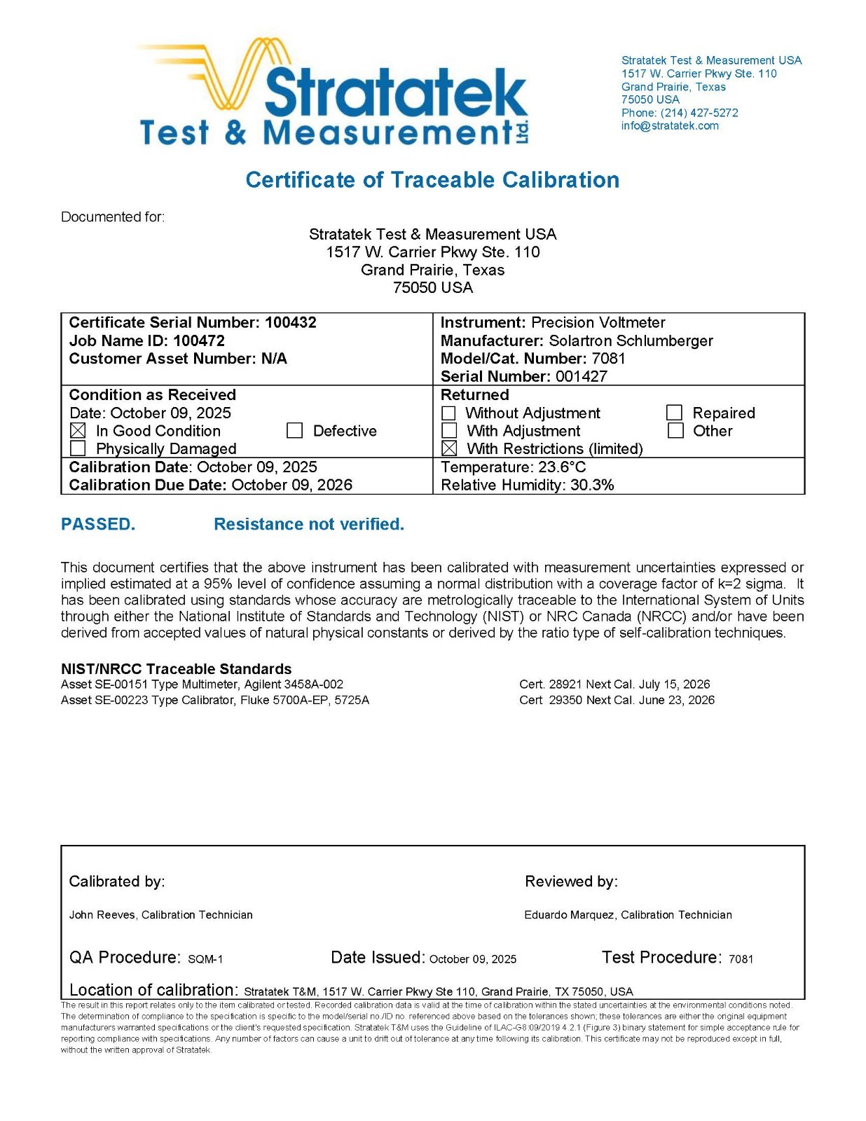Solartron 7081 Precision Digital Voltmeter NIST Calibrated