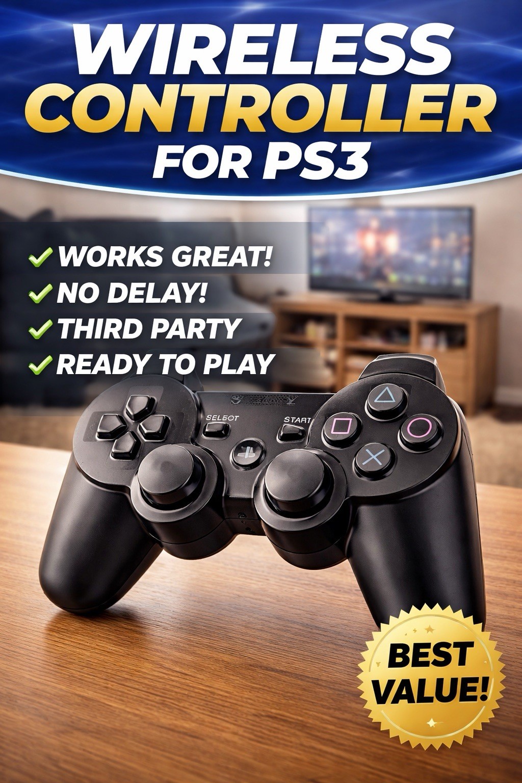 PS3 Wireless Controller Black Compatible DualShock Style Fast Response