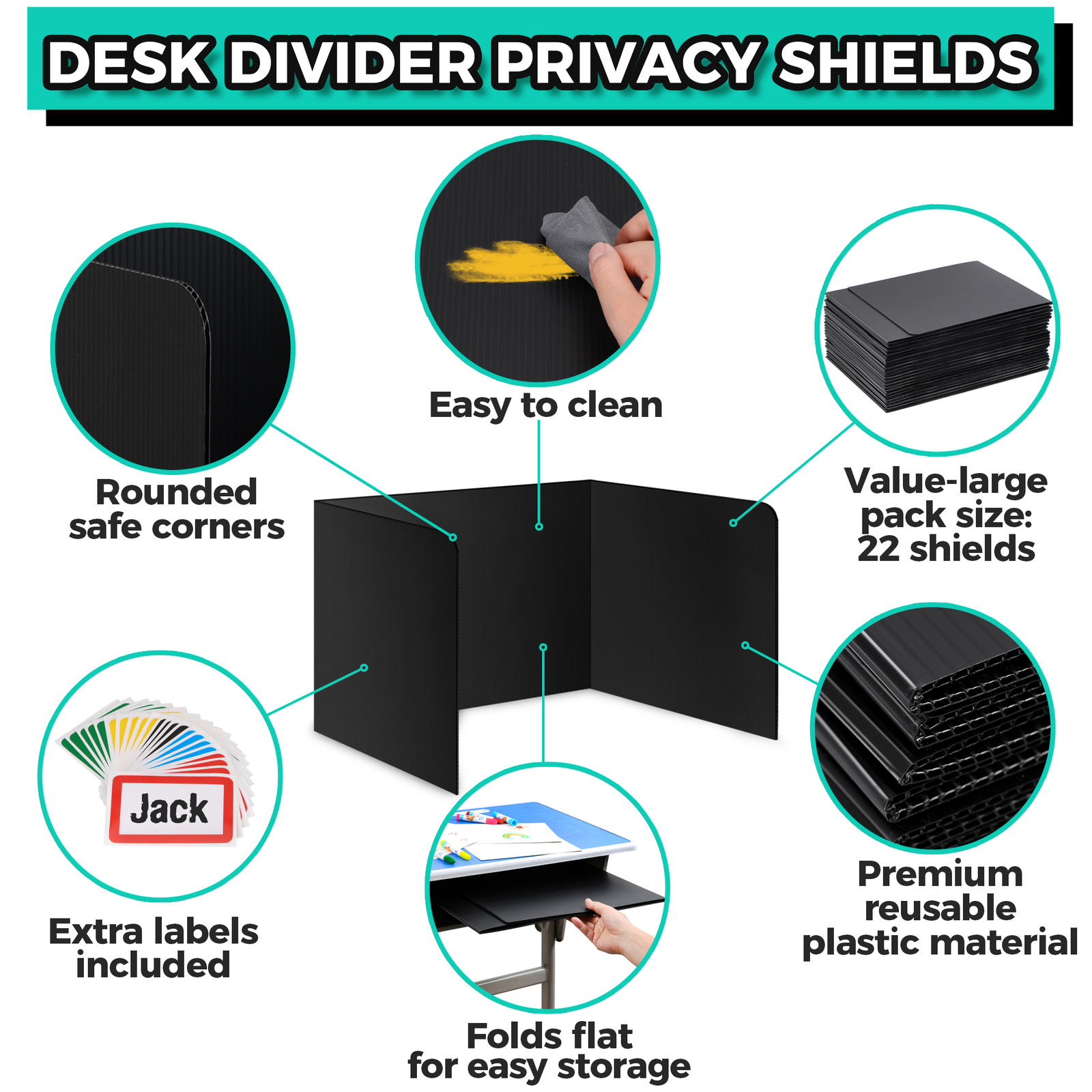 22-Pack Black Desk Dividers for Students, Plastic Study Carrel, Classroom Folder