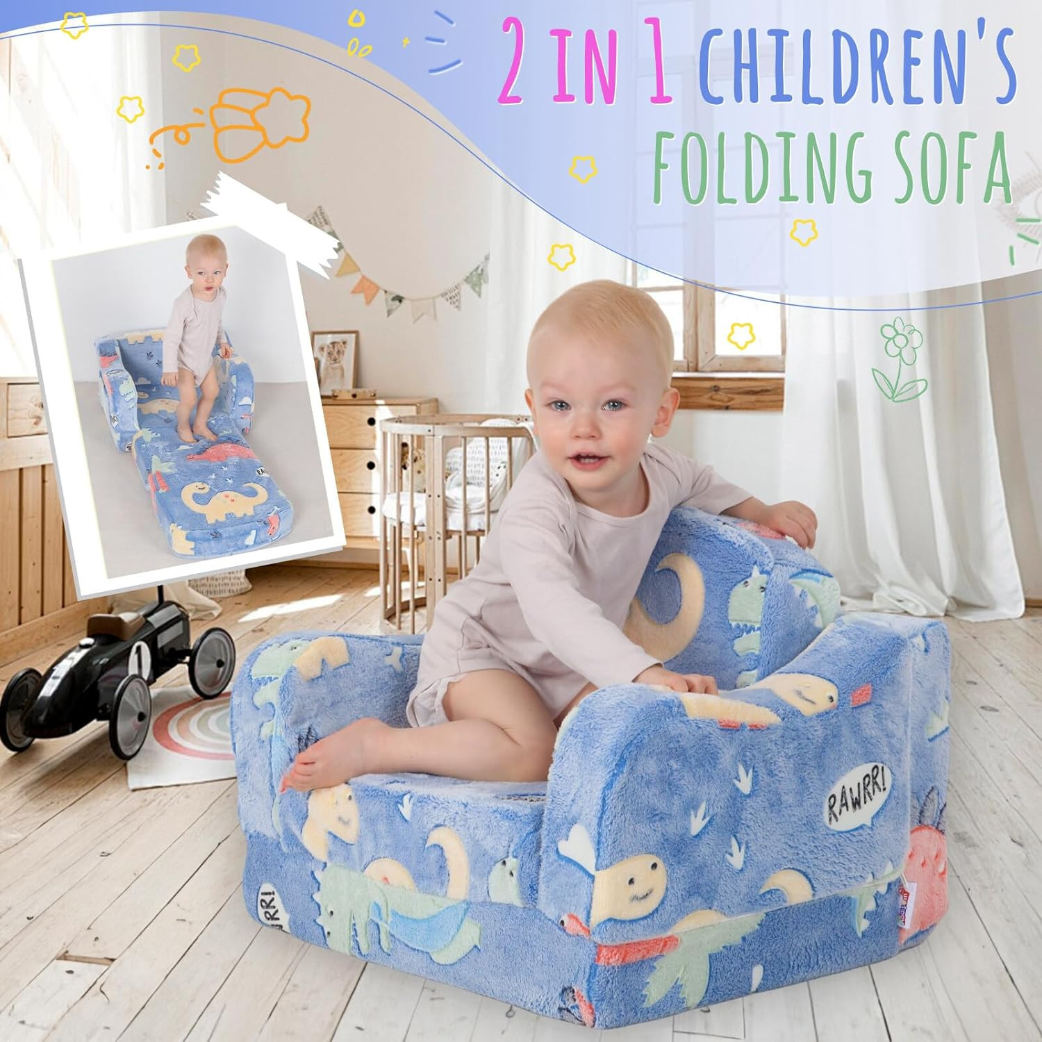 Thick Comfy Toddler Chair and Couch for Kids,2-In-1 Soft Plush Fold Out Sofa for