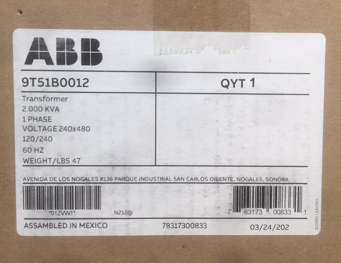 HOUSTON STOCK NEW ABB 9T51B0012 QB TRANSFORMER 480 V 2KVA 1 PHASE FREE SHIPPING