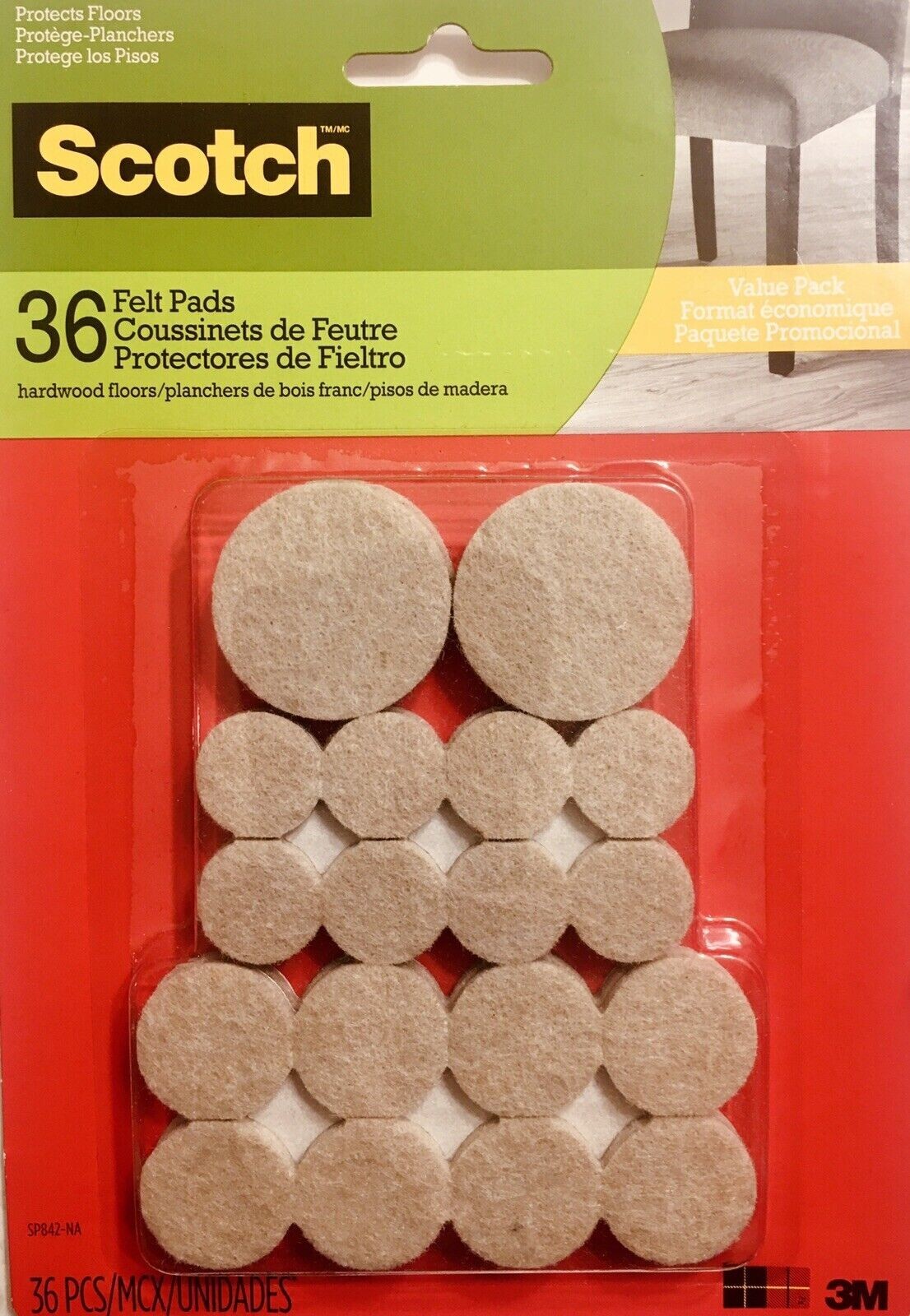 3M Scotch  1 X 36 Felt Pads Value Pack Beige Assorted Sizes Model SP842 BNIP