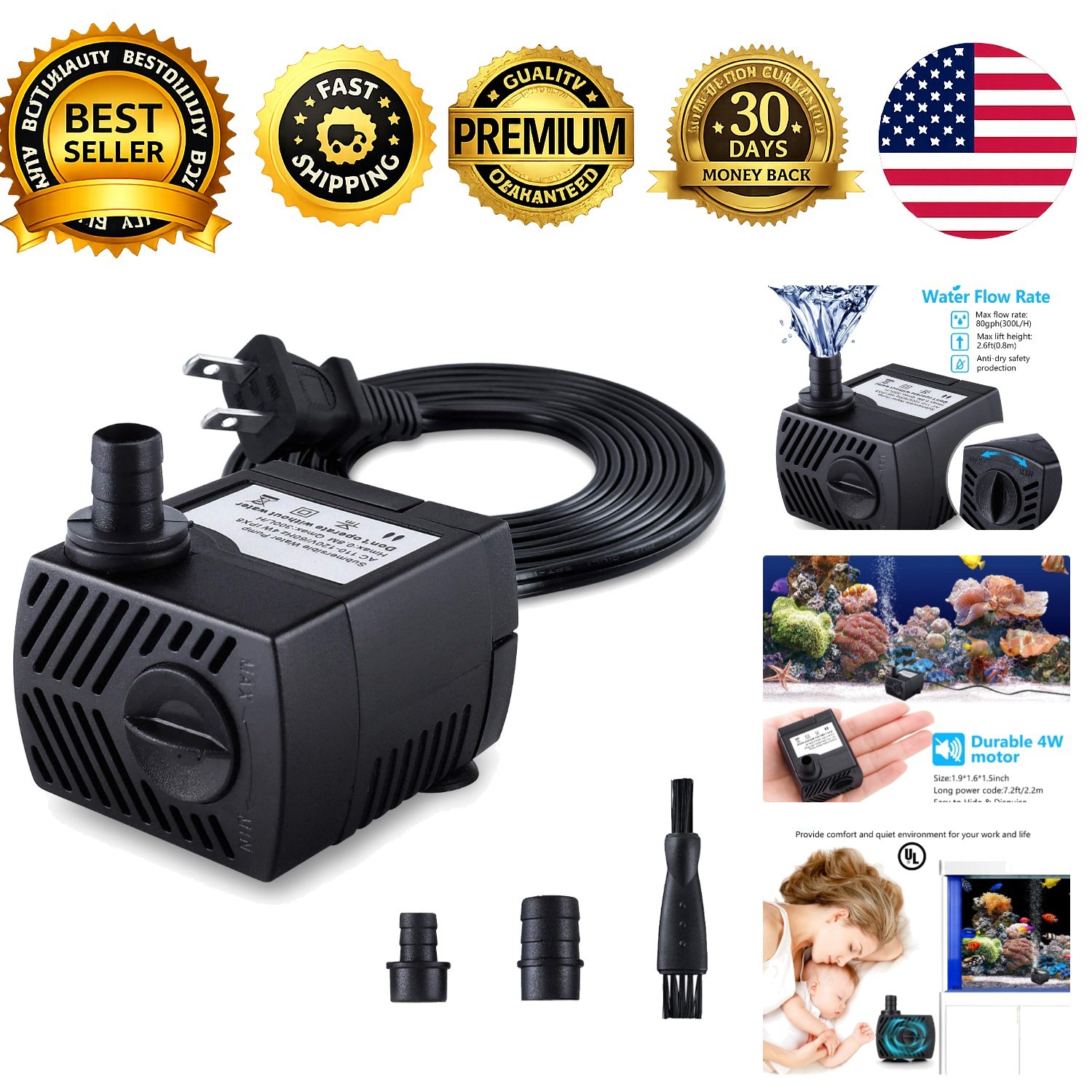 Submersible Fountain Pump 80GPH 300L H 7.2ft Cord 3 Nozzles Outdoor Pond