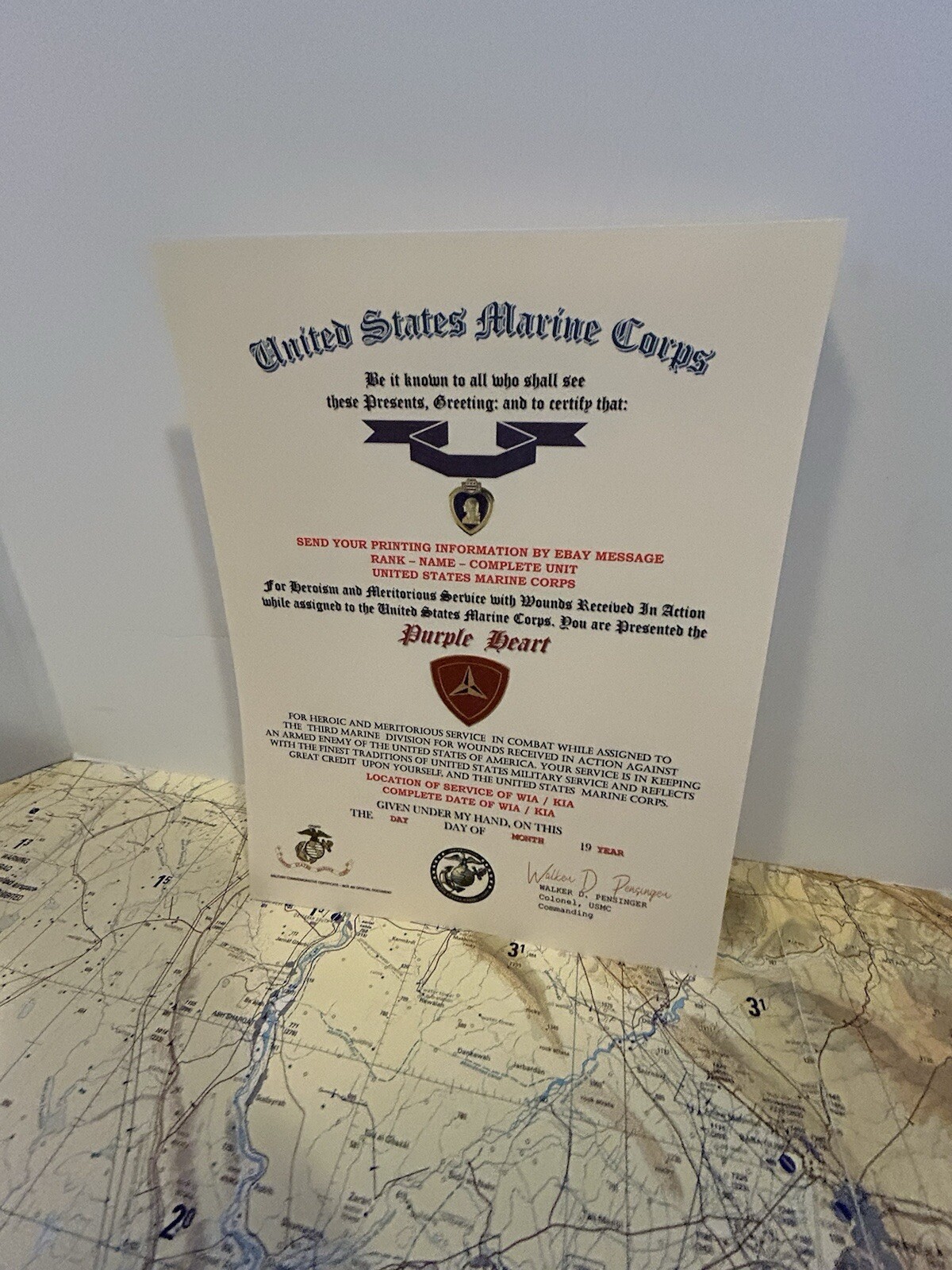 U.S.M.C. / P.H. MEDAL COMMEMORATIVE CERTIFICATE - 3RD MARINE DIVISION