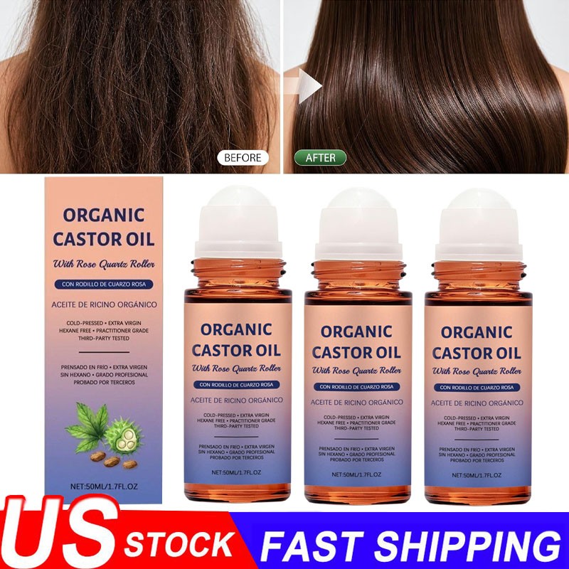 3x Organic Golden Castor Oil Roll-On with Rose Quartz for Skin,Hair&Wrinkle