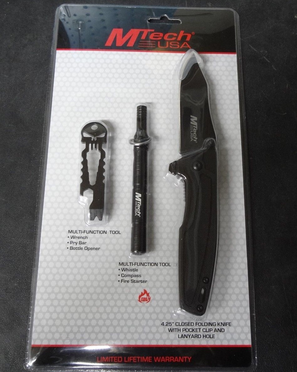 MTECH Multi Tool Kit Fire Starter  3" Pocket Knife Whistle Survival Stocking