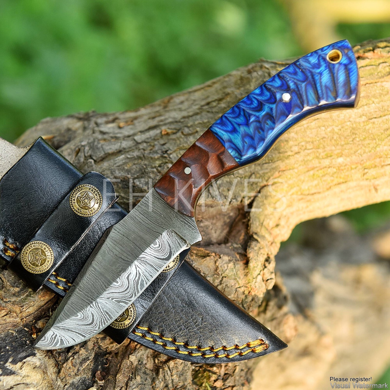 8'' Damascus Fixed Blade Knife - Handmade Hunting Skinner - Survival Outdoor