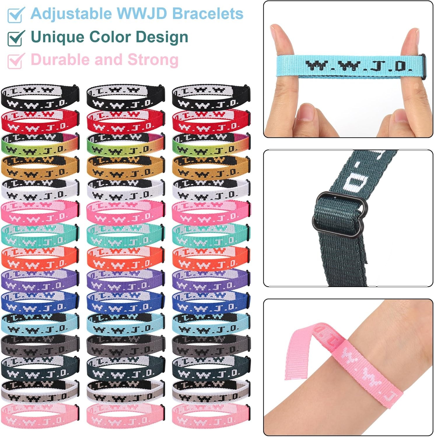 WWJD Bracelet Pack Adjustable Christian Jesus Wristbands 45 Pcs for Gifts
