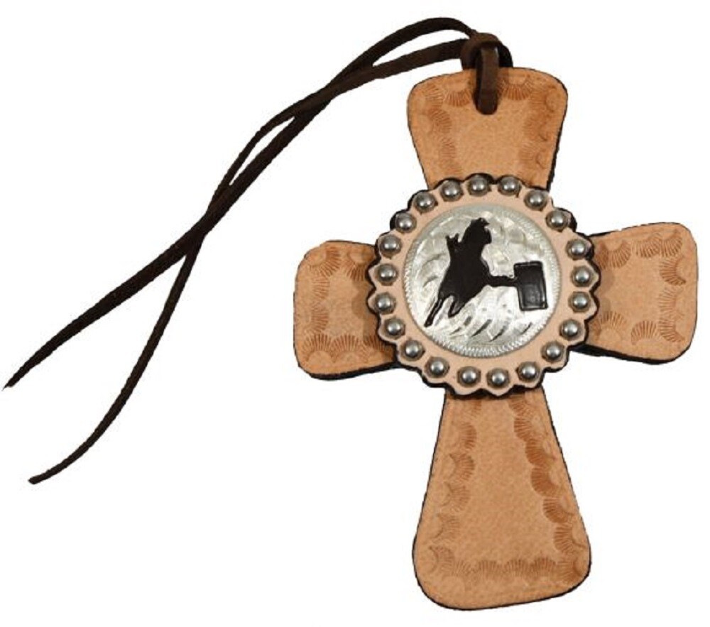 5" x 3 3/4" LEATHER CROSS TIE ON w/ Silver Barrel racer concho For horse saddle
