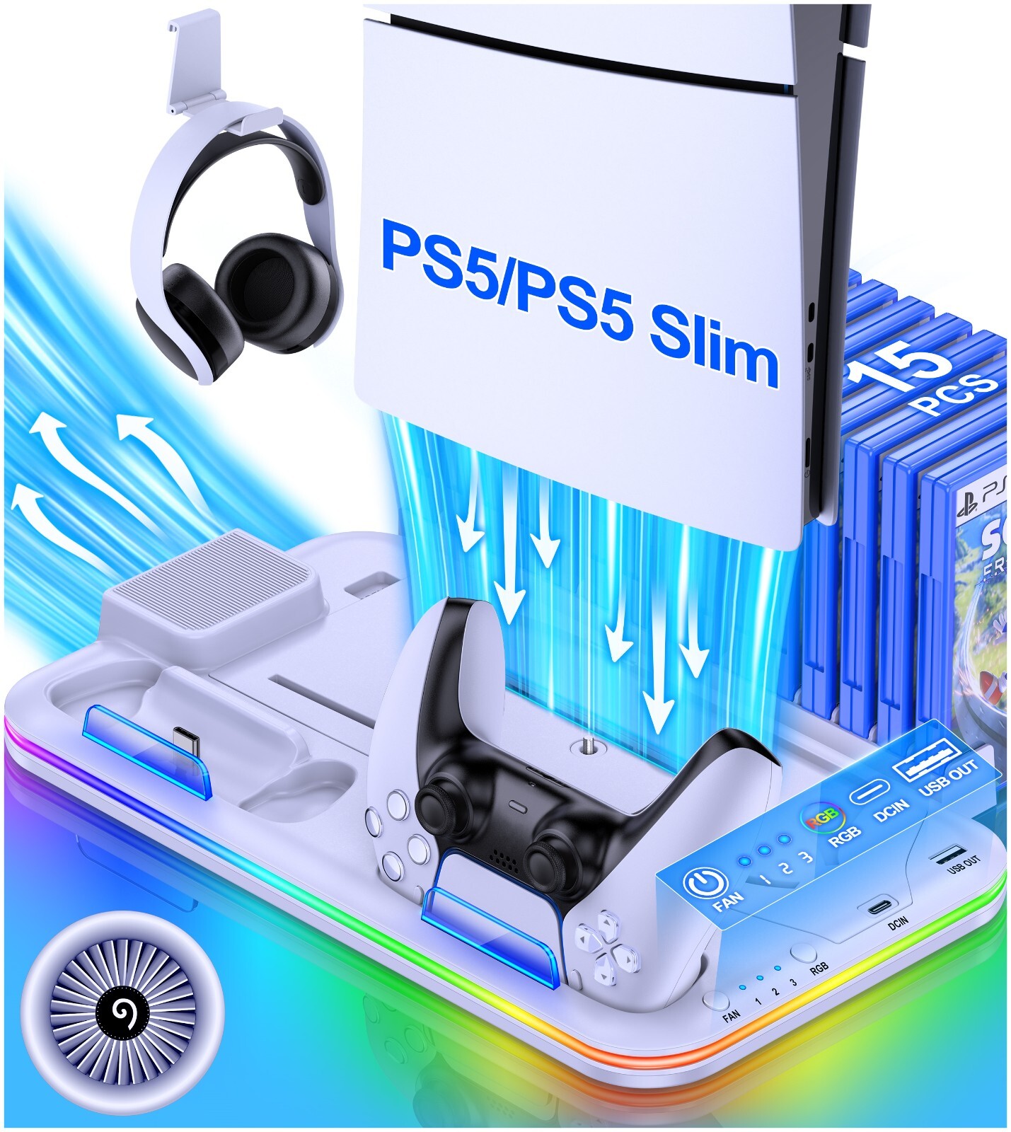 PS5 Slim Stand Cooling Station+Controller Charging Station For PS5 Digital/Disc
