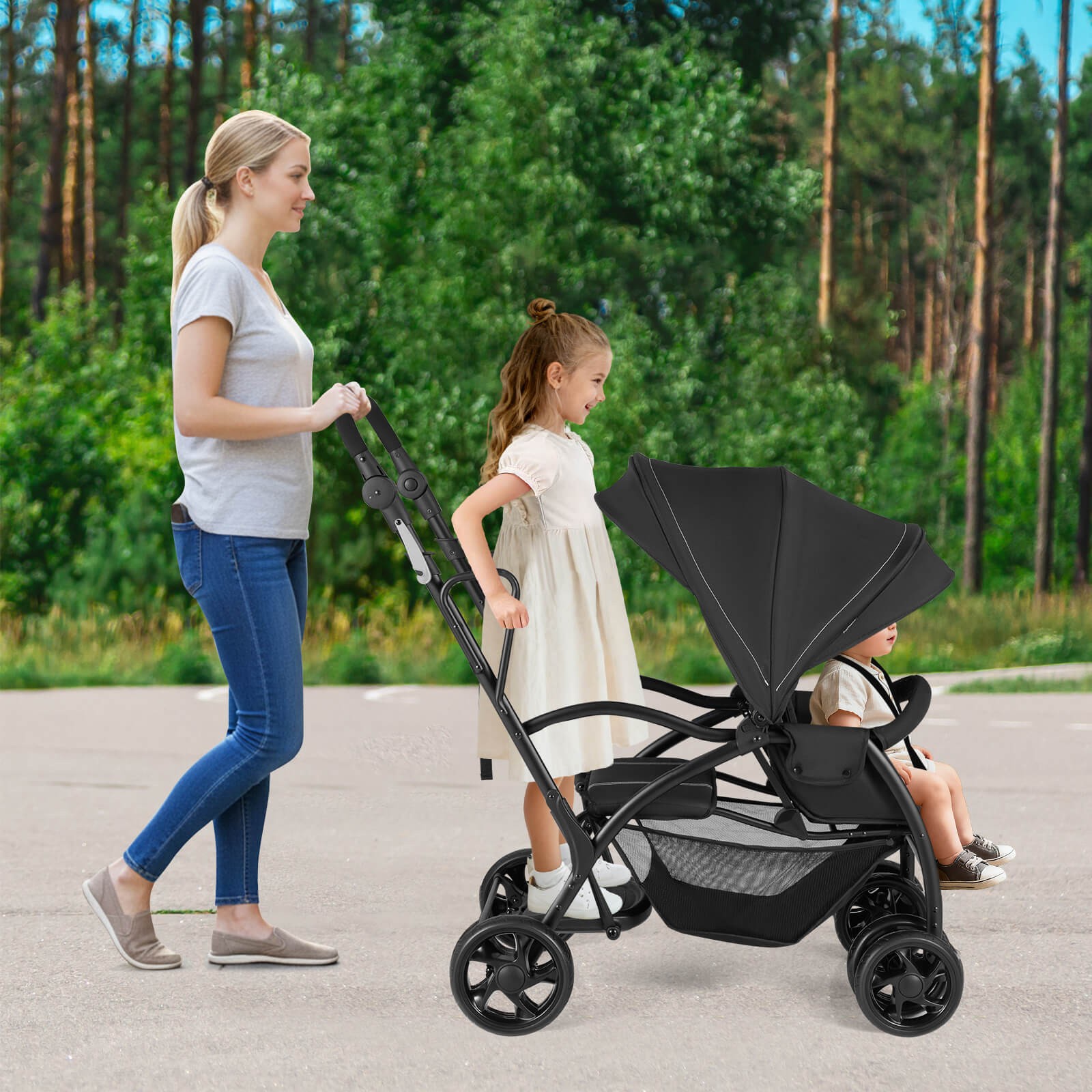 Sit & Stand Double Stroller w/Adjustable Handle Bar Backrests Footrest Canopies