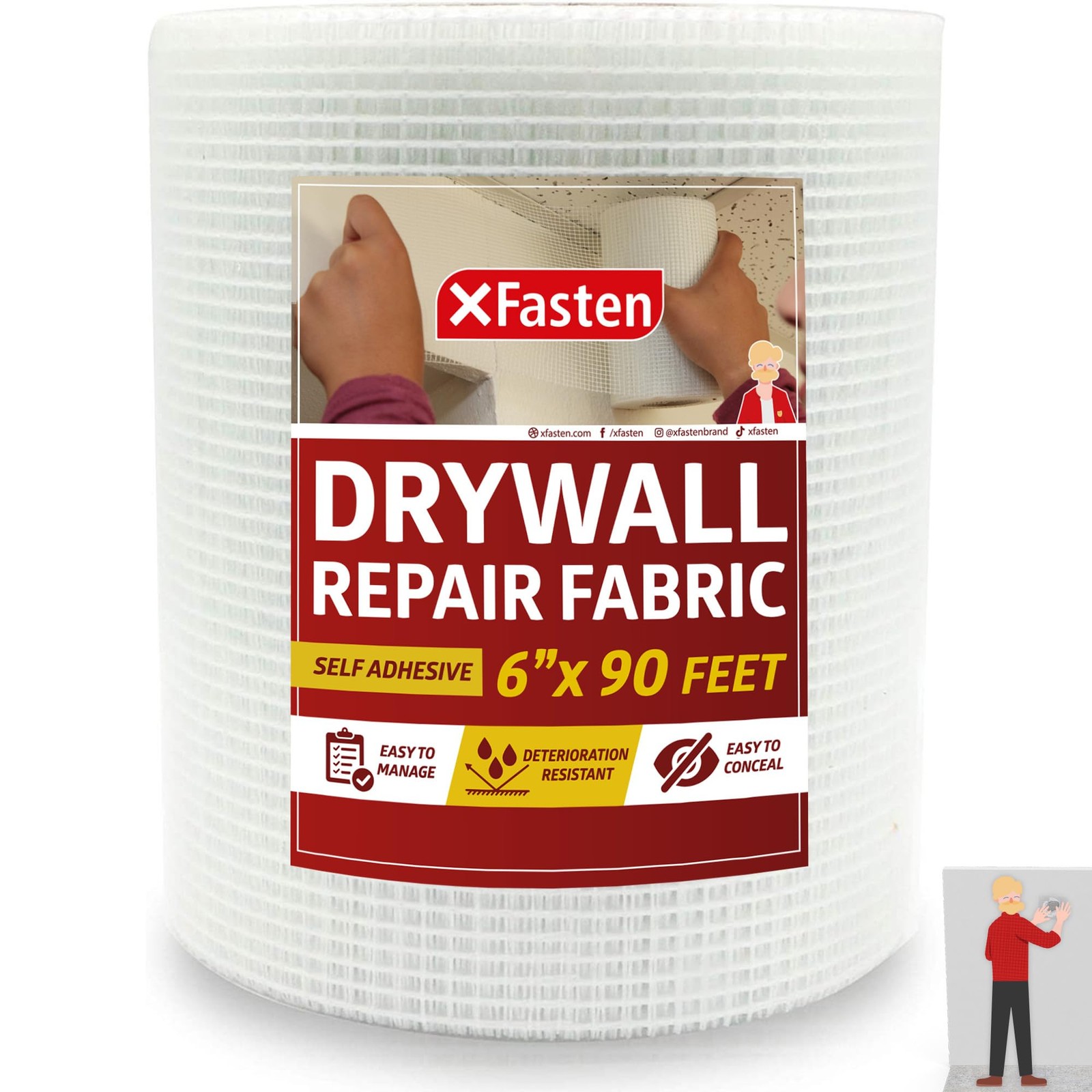 XFasten Drywall Repair Mesh Tape - 6-Inch X 6-Inches by 90-Feet, White