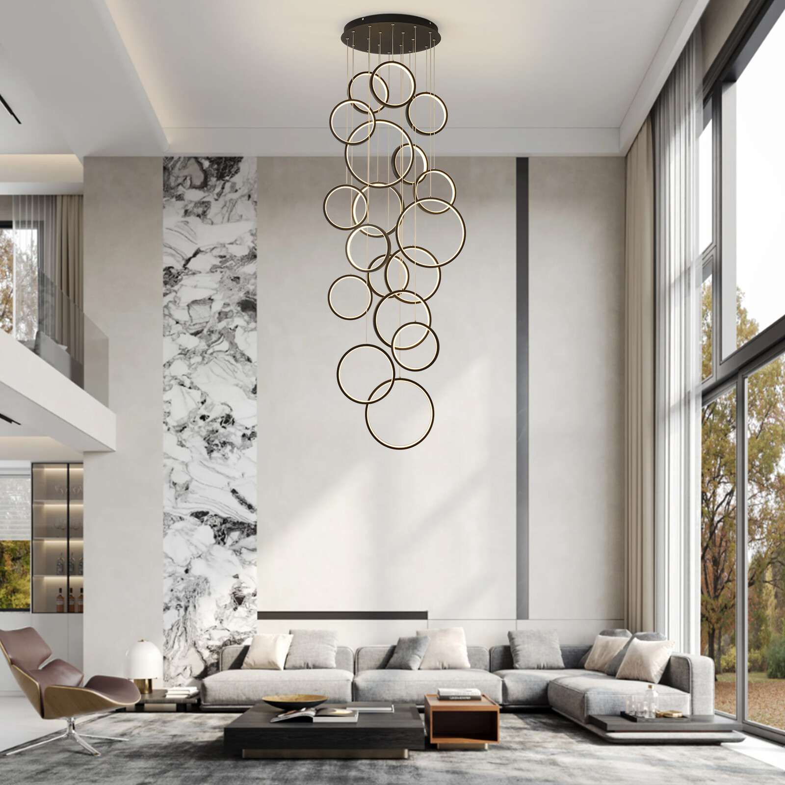 Modern Led Chandelier Lighting,Dimmable with Remote Control 18 Rings,Adjustable
