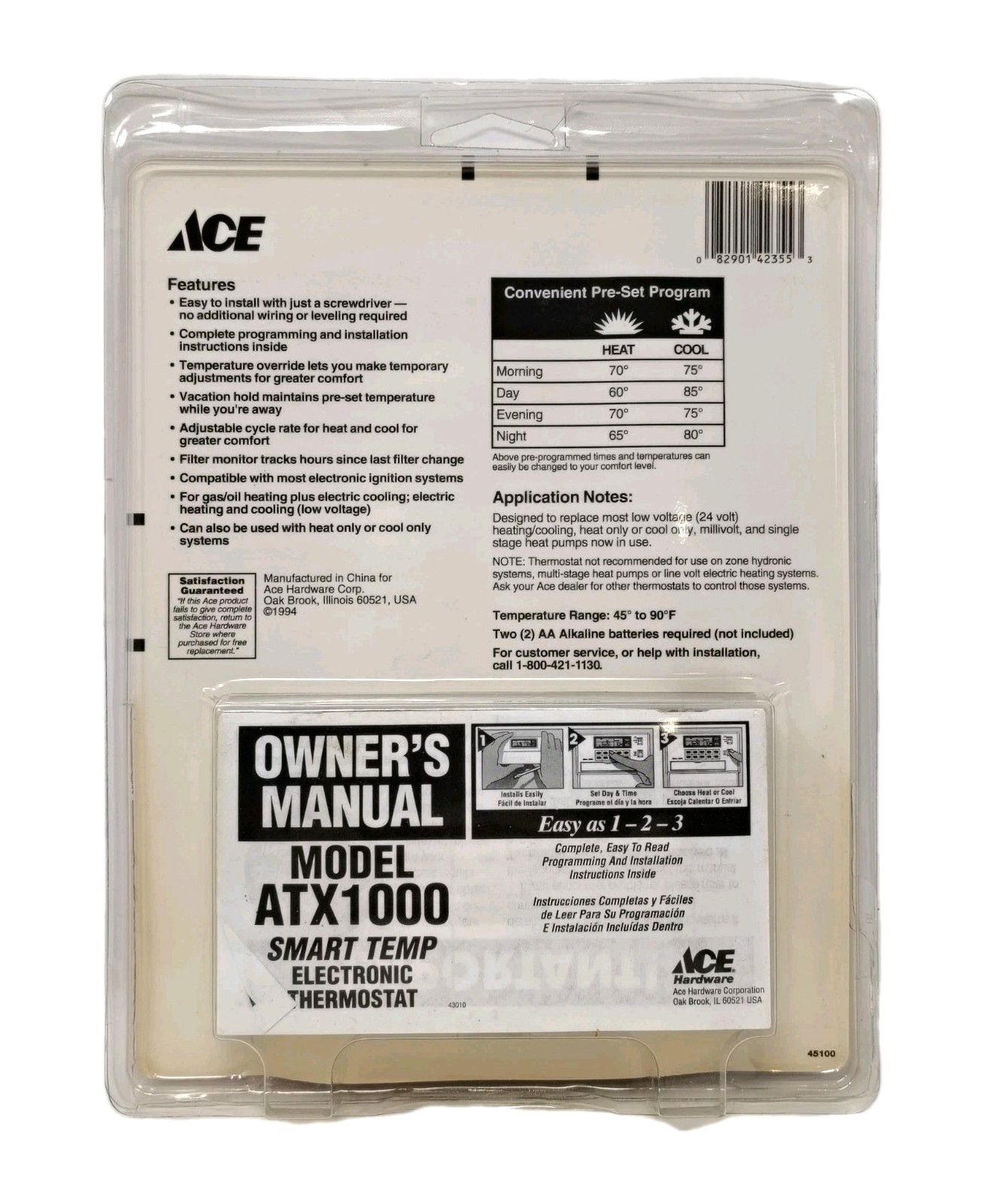 Ace 42355 Easy Programmable Electronic Thermostat Heating Cooling 24V NOS NEW