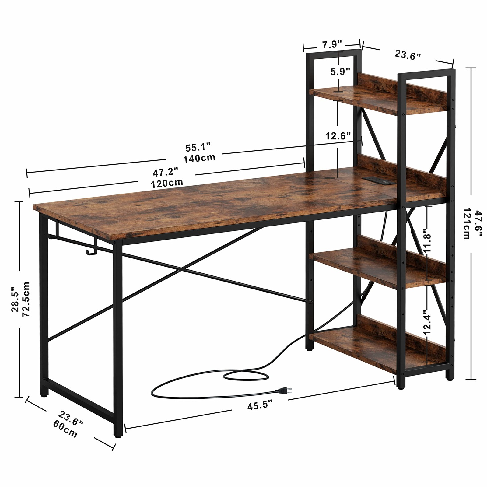 Computer Desk 55" with Power Outlet and Storage Shelves,Rustic Brown