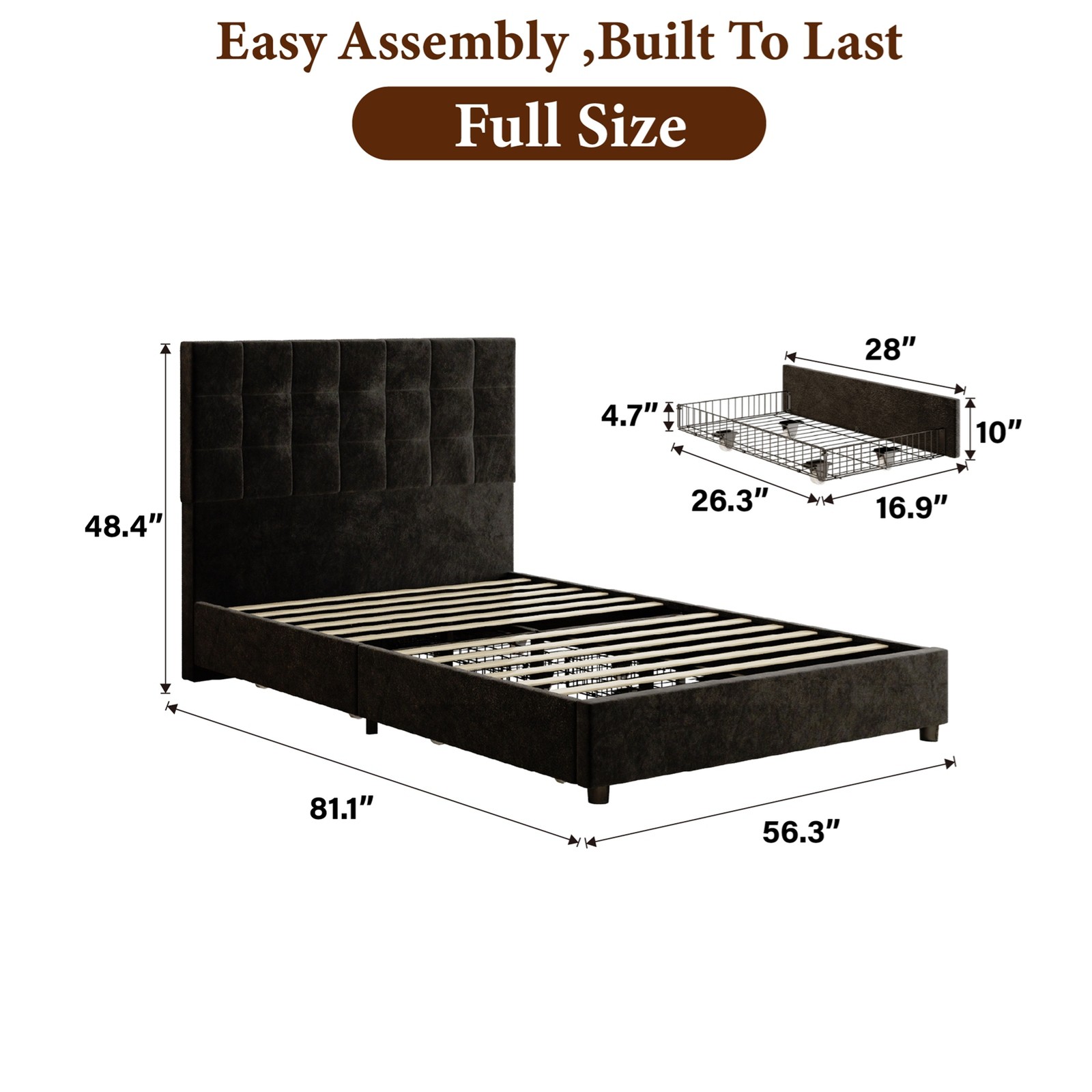 Modern Black Bed Frame Full Platform Bed 4 Storage Drawers Bedroom Furniture