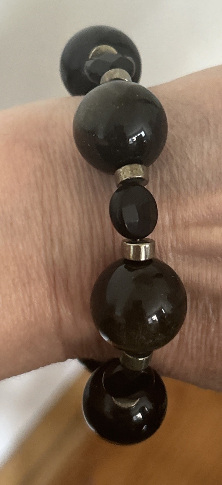 Artisan silver tone golden obsidian pyrite black agate beaded bracelet size 7.5
