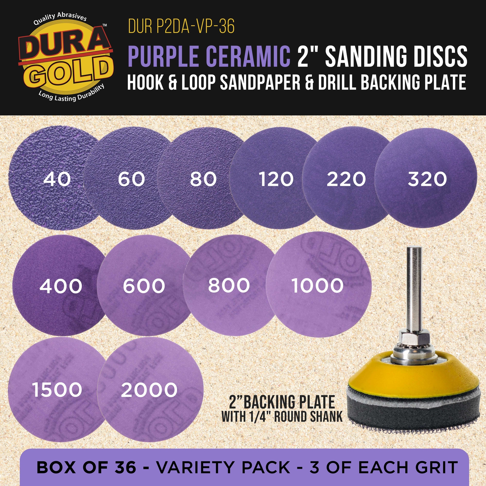 2" Sanding Discs, 36 Disc Variety Pack - Hook & Loop Sandpaper & Drill Plate