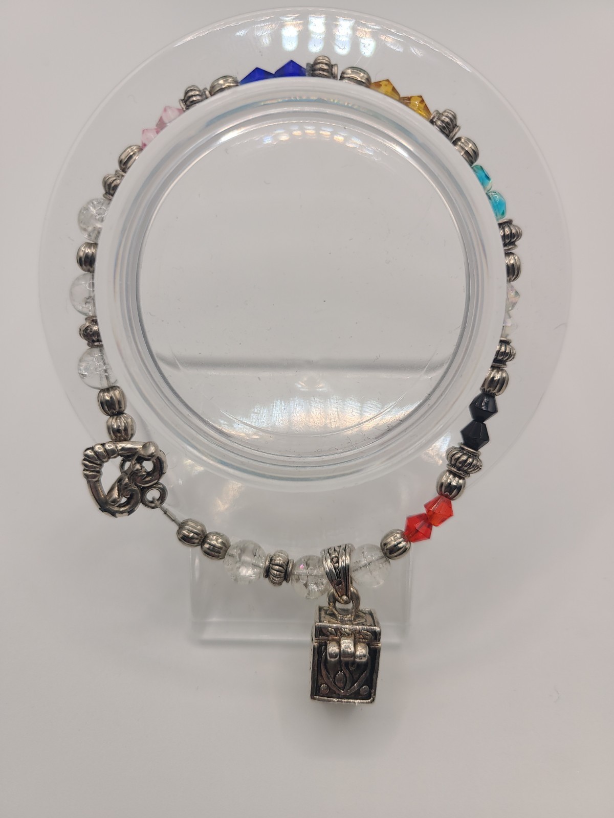 Prayer Box Bracelet Handcrafted Artisan Silvertone Multi Heart Toggle Clasp 7"
