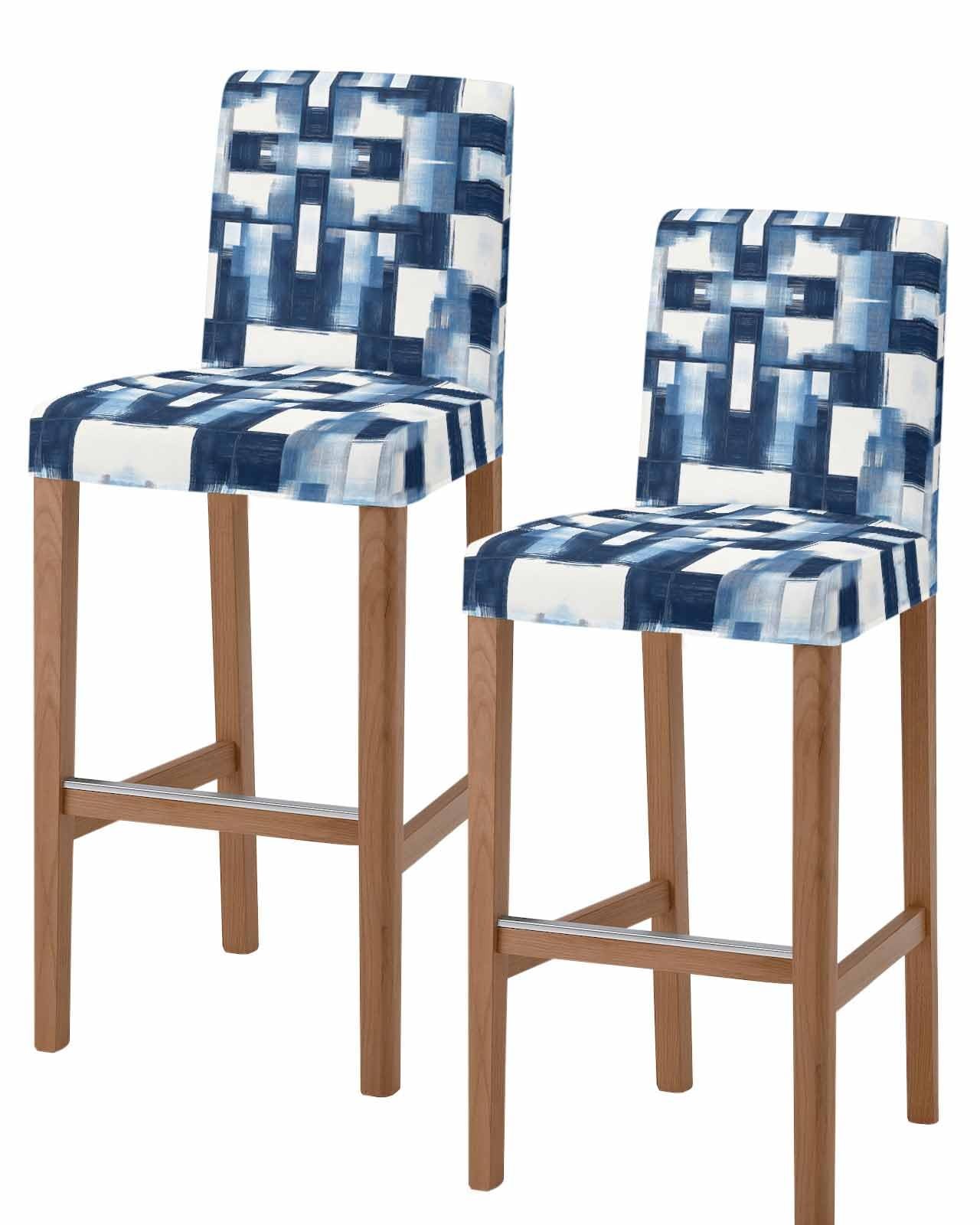 Abstract Geometric Patterns Bar Stool Covers with Backs Blue & White Stretch ...