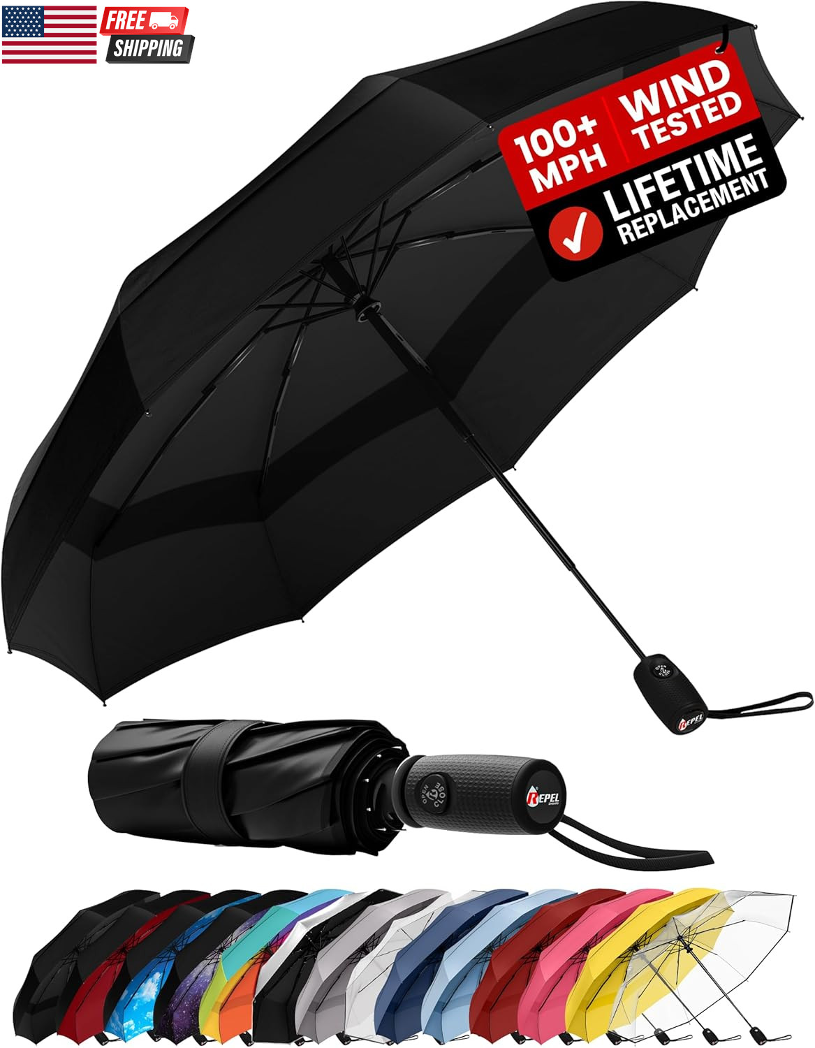 Repel Windproof Travel Umbrella - Compact & Withstands Winds up to 100MPH, Stron