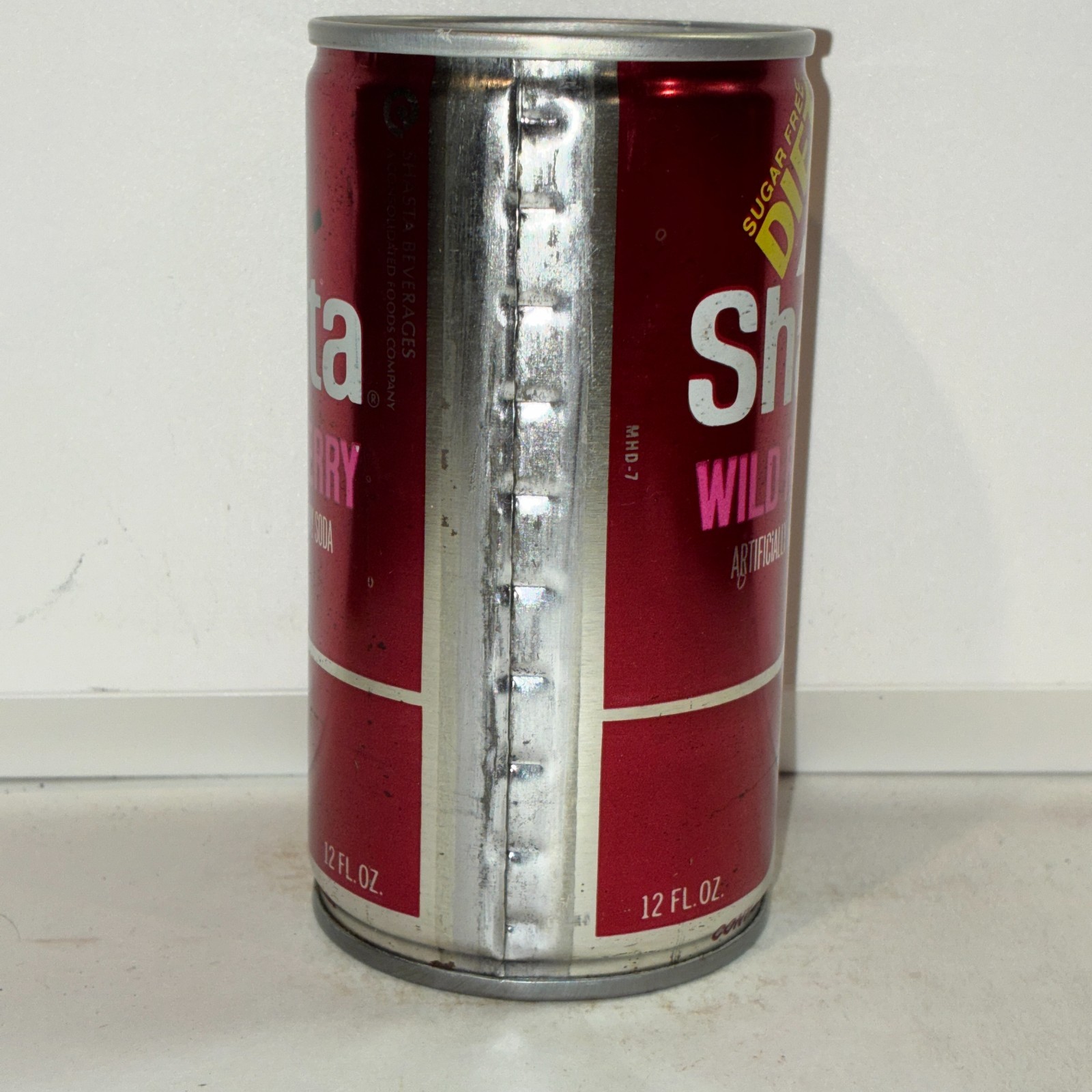 Shasta Diet Wild Raspberry Soda can, crimped steel, bottom opened