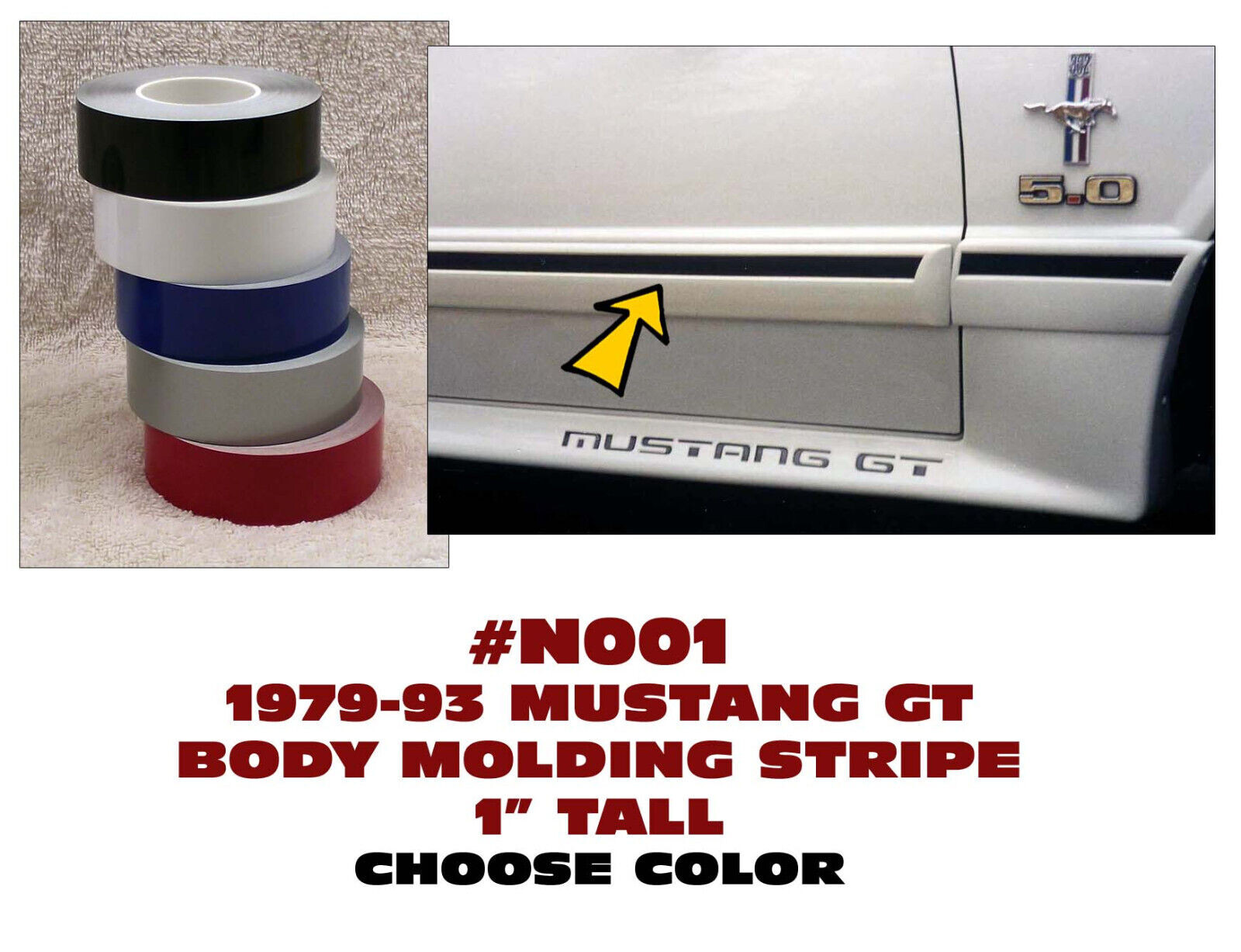 GE-N001 1987-93 MUSTANG - GT BODY MOLDING STRIPE - 1" TALL - STRIPING TAPE