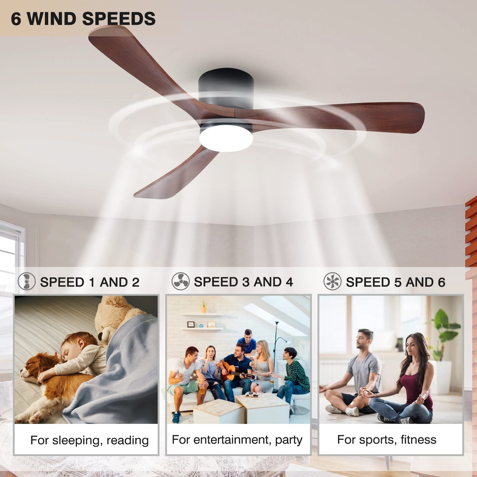 52" Flush Mount Ceiling Fan with Lights Remote Control, 3 Blades Wood Ceiling...