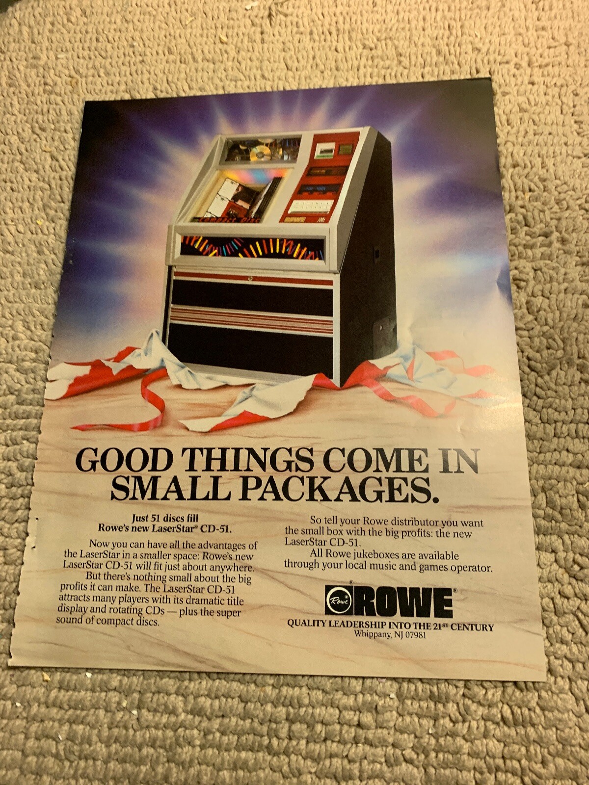 orginal 1990 ad 11-8 1/4” Rowe Laserstar CD-51 Jukebox FLYER