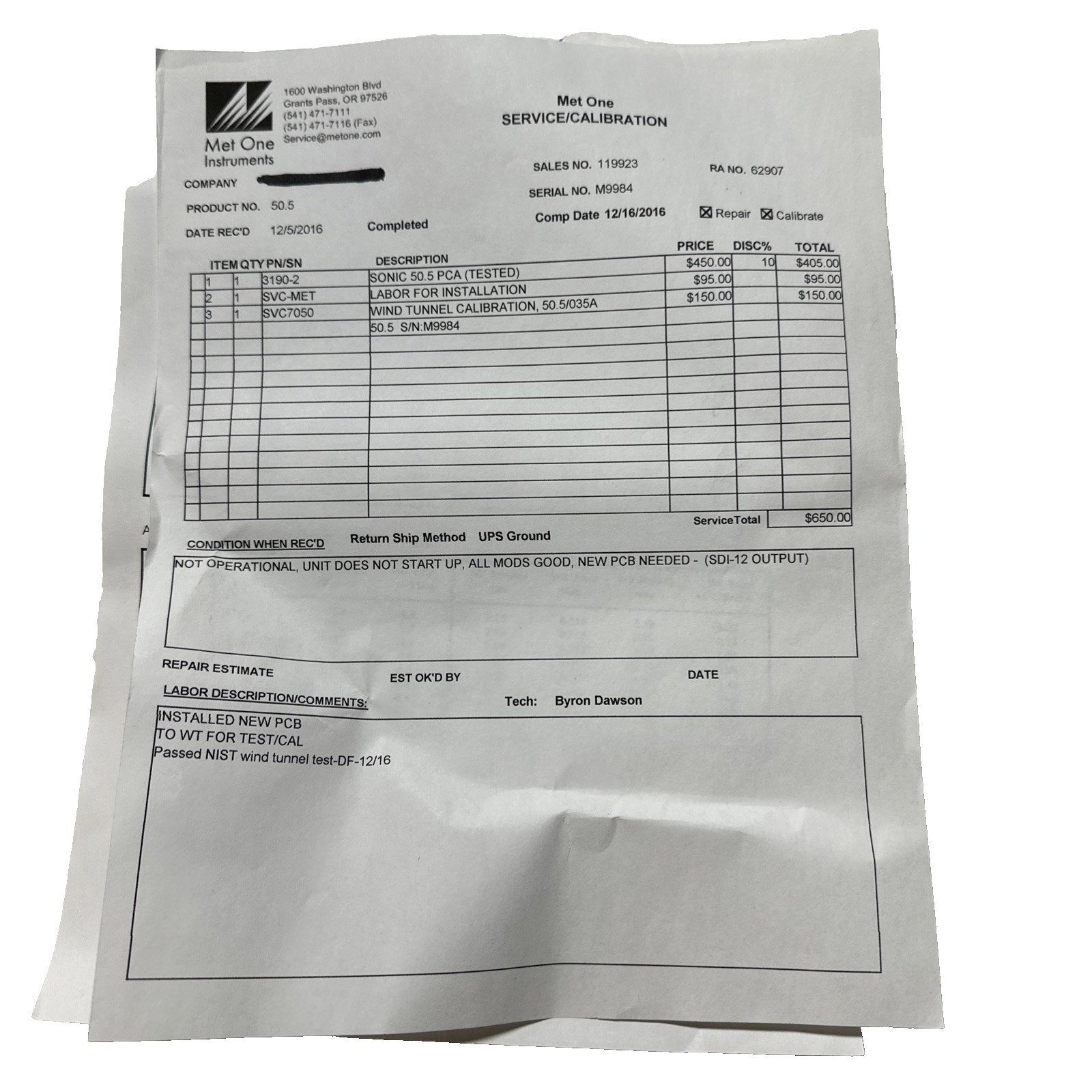 Met One Instruments Sonic Wind Sensor 50.5 Calibrated - Ships Free