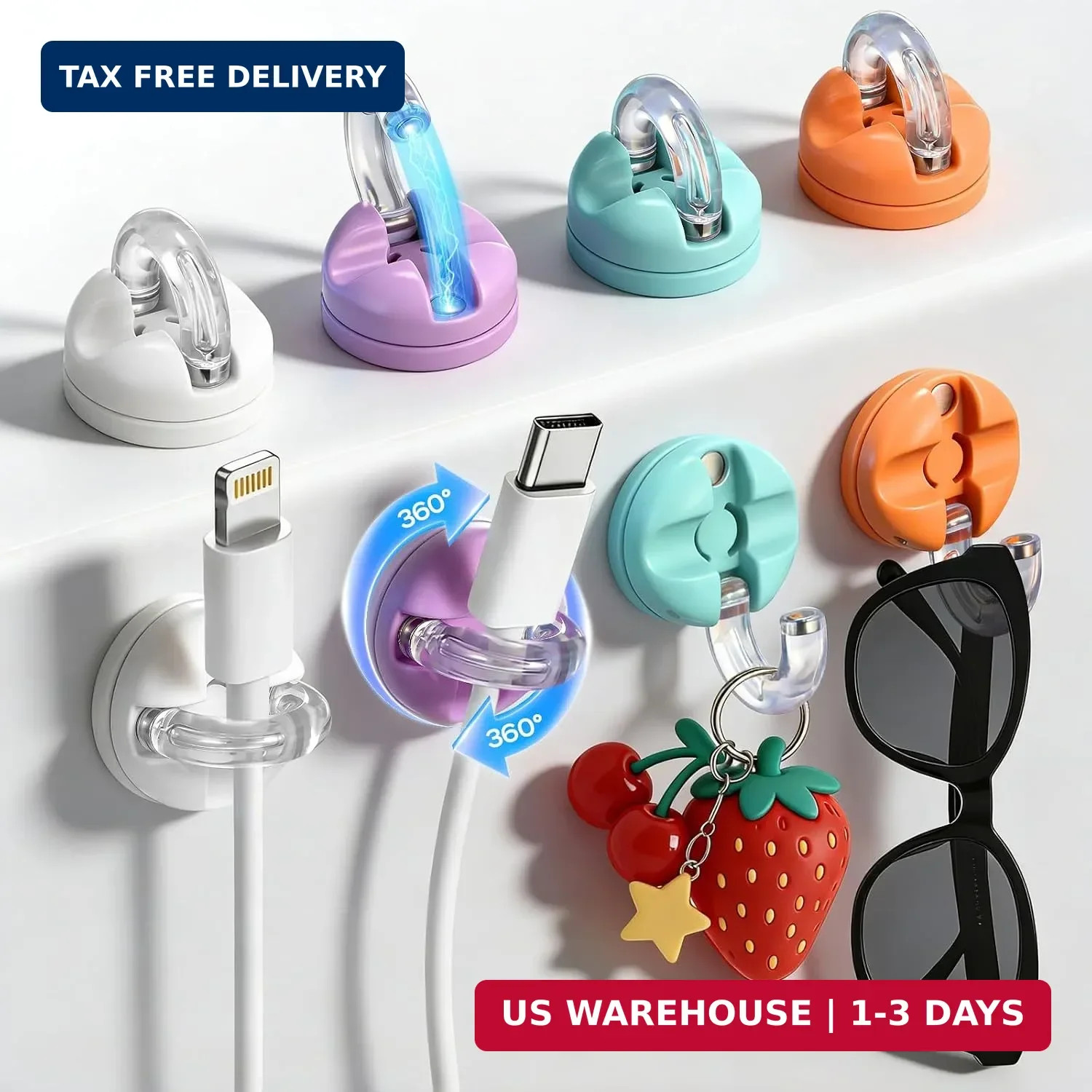 Magnetic Cable Clips, 8 Pack 360° Rotatable Cord Organizer, No-Residue Adhesive