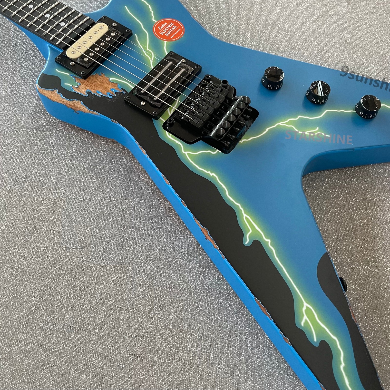 Unique shape Aged Solid Body Electric Guitar Rounded fret Edge Blue lightning