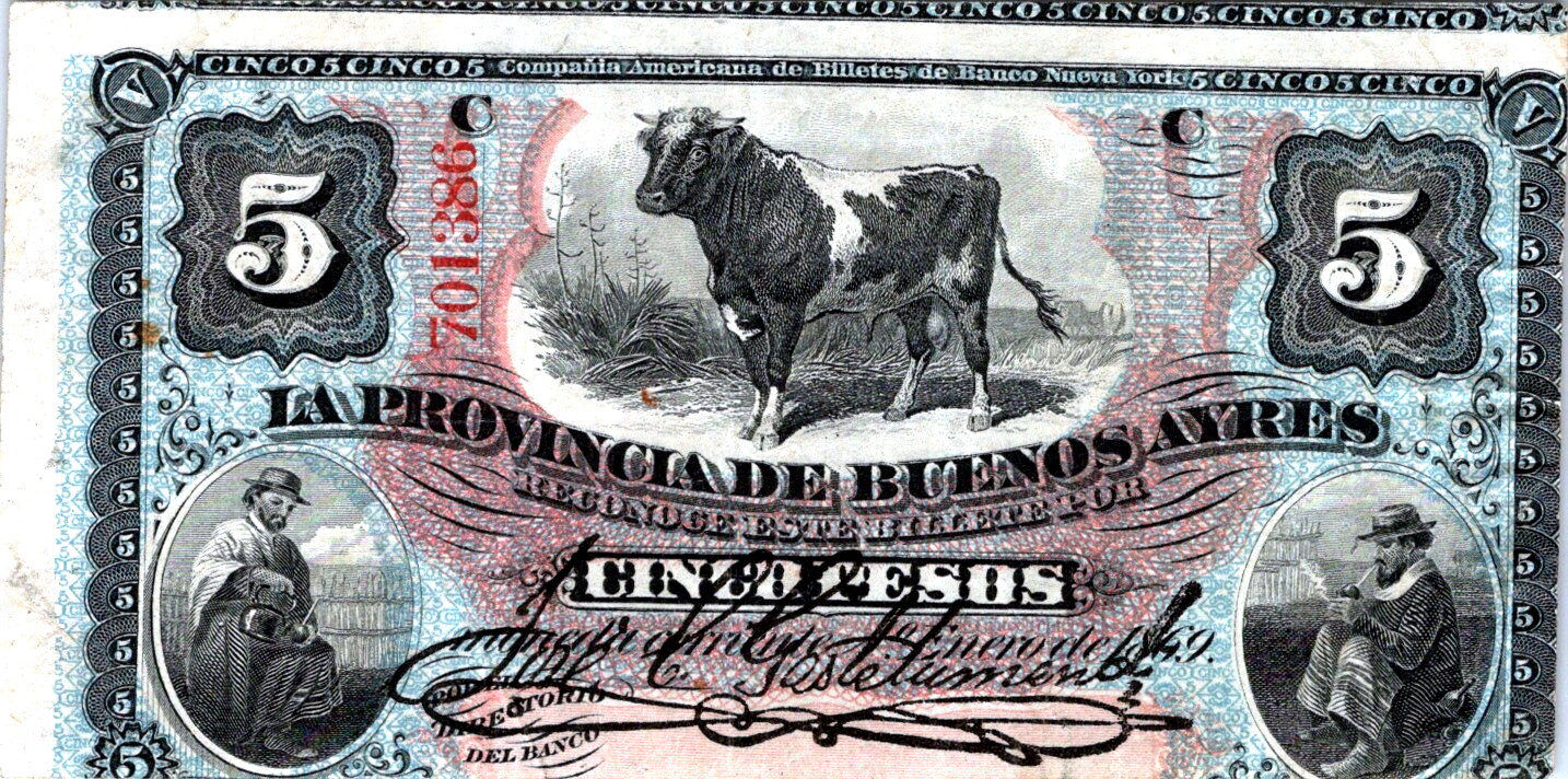 Argentina 5 Pesos 1869 (1877-83) P-S483b "CUTTING ERROR"