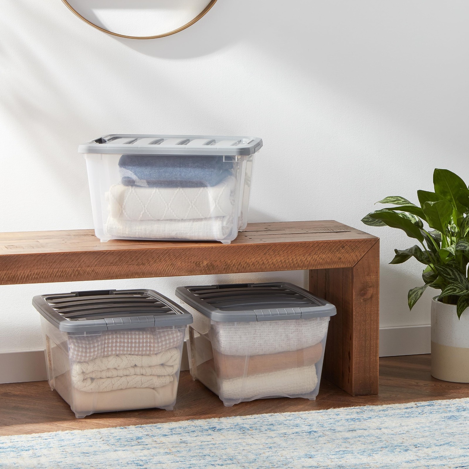 Stackable Plastic Storage Containers with Latching Lids, Clear/Grey, 32 Qt, Set