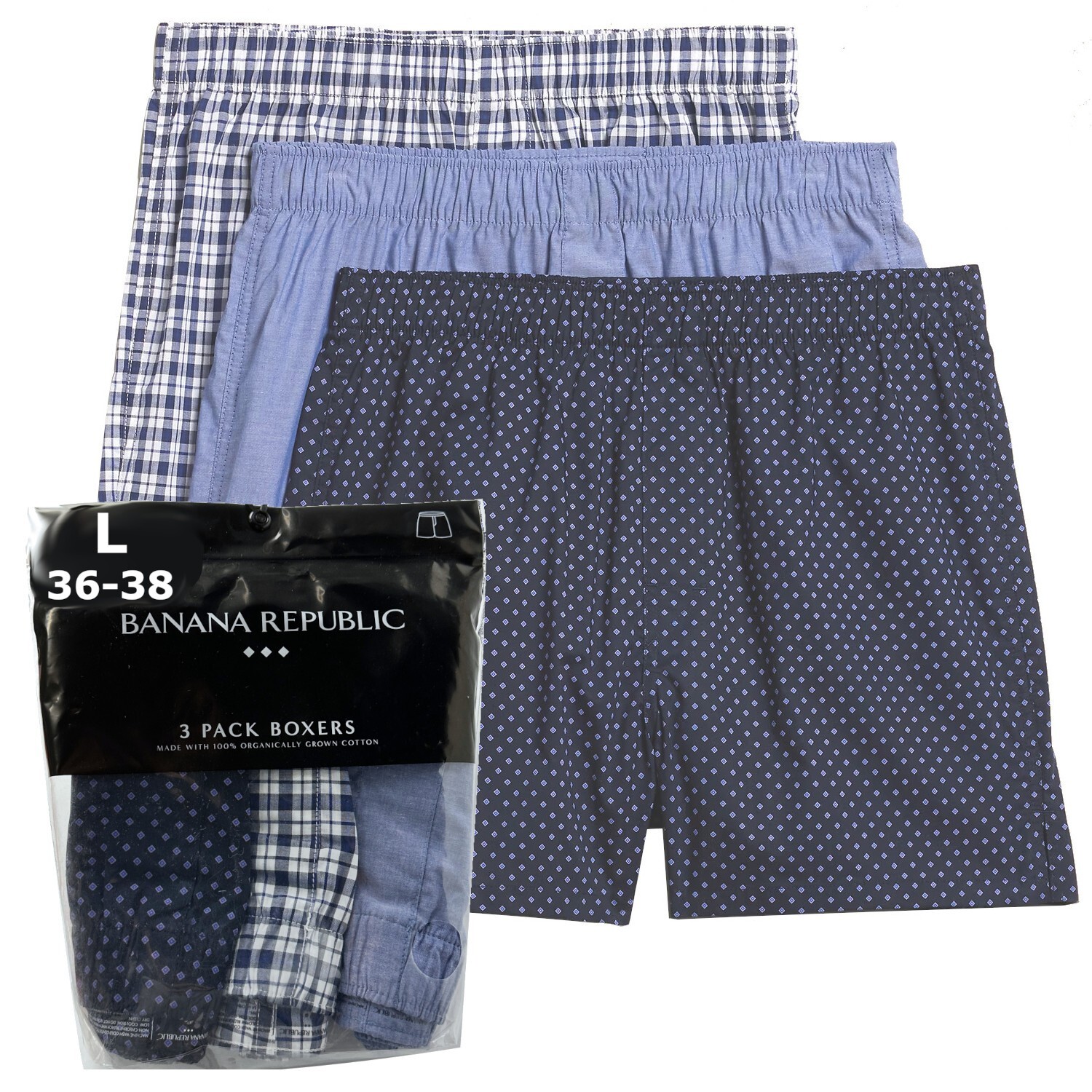 Banana Republic Boxers 3 Pair Men's LARGE Diamonds Plaid Solid Boxer Shorts