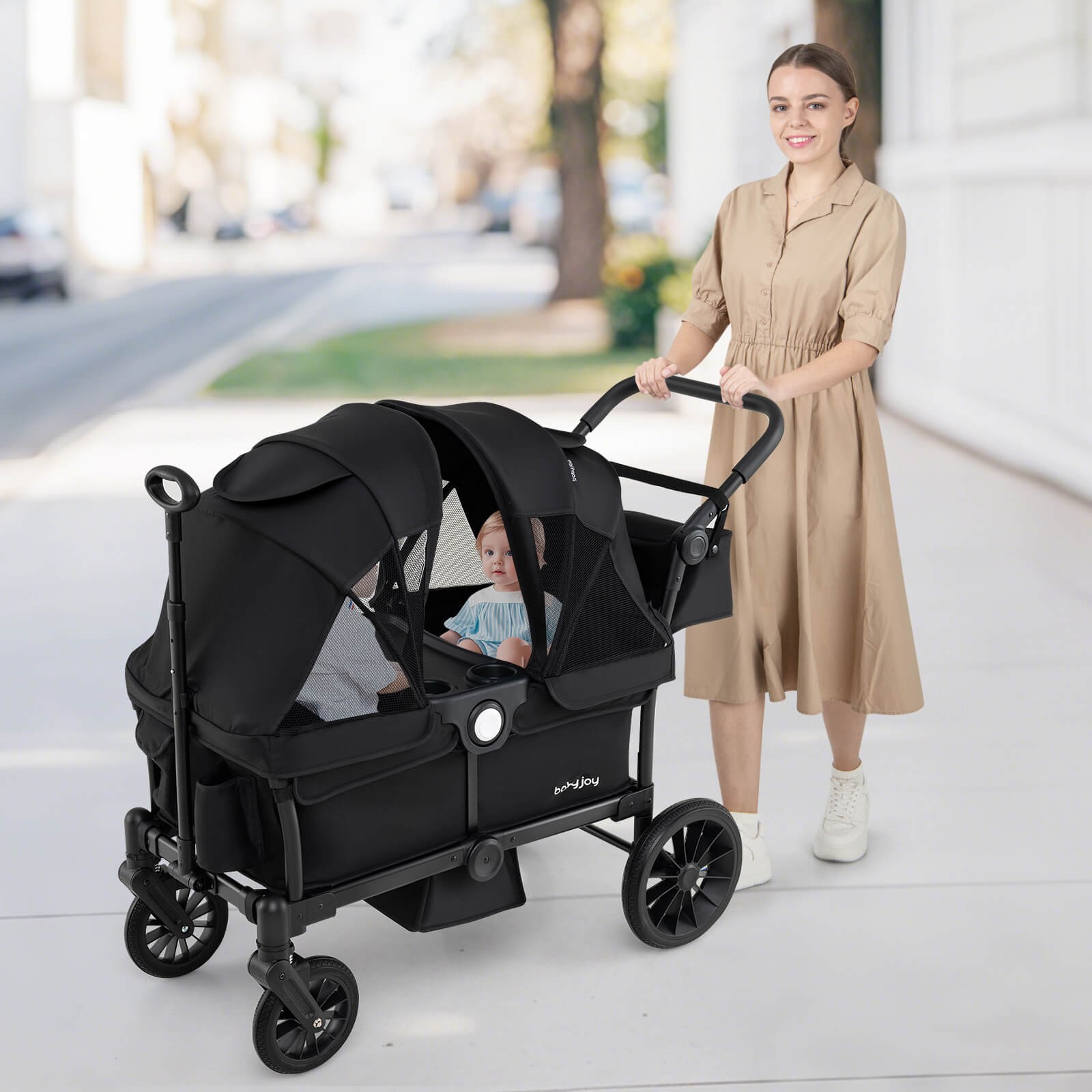 Wagon Stroller for 2 Kids Push Pull Double Stroller with Adjustable Handle