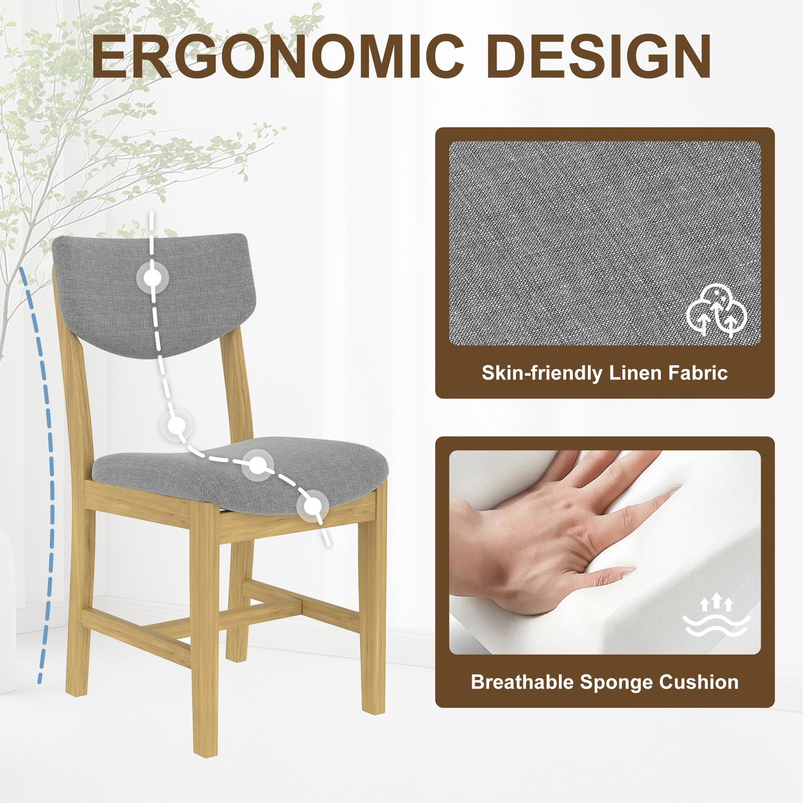 4-Piece Rustic Farmhouse Dining Chair - Solid Wood Frame with Gray Fabric Cush