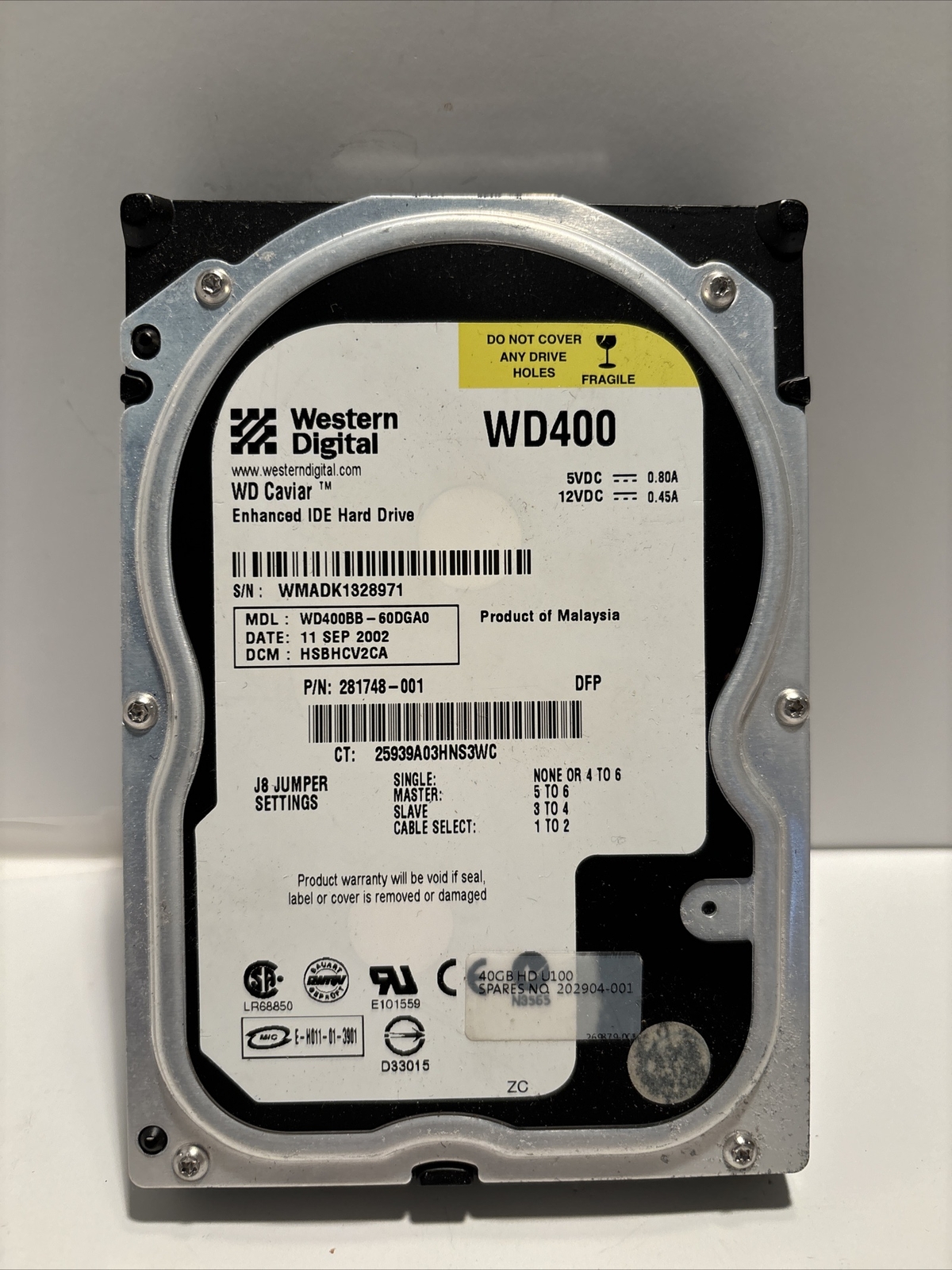 Western Digital WD Caviar Wd400 WD400BB-60DGA0 IDE Hard Drive (w)