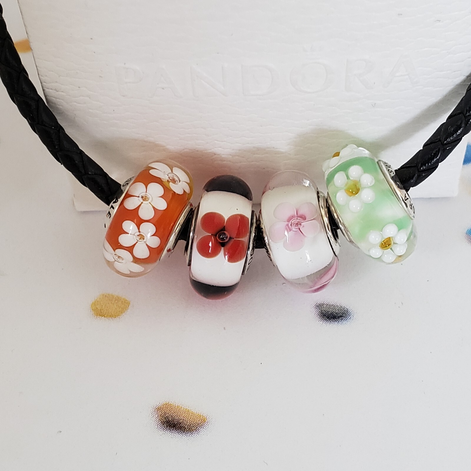 Set Of 4 Pandora Authentic Murano Flowers Charms