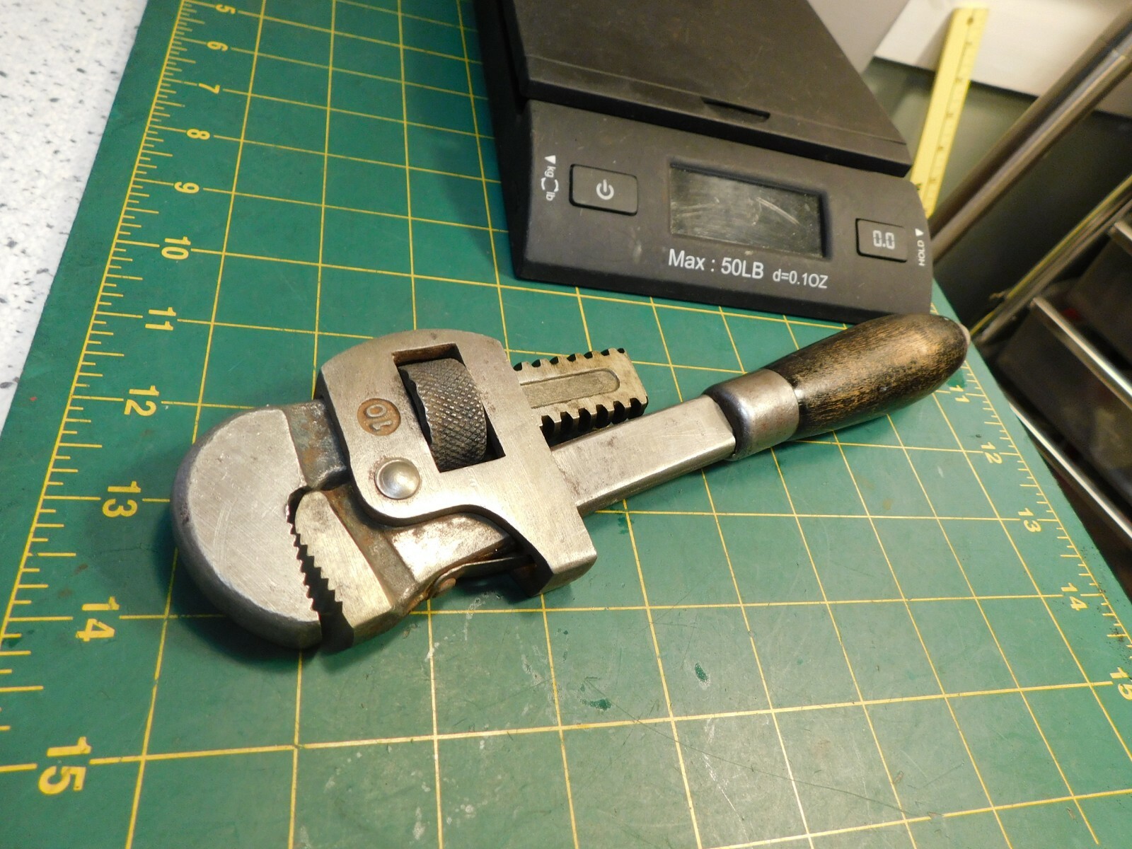Vtg. Unmarked 10" Adjustable Tool, Wood Handle Pipe Wrench