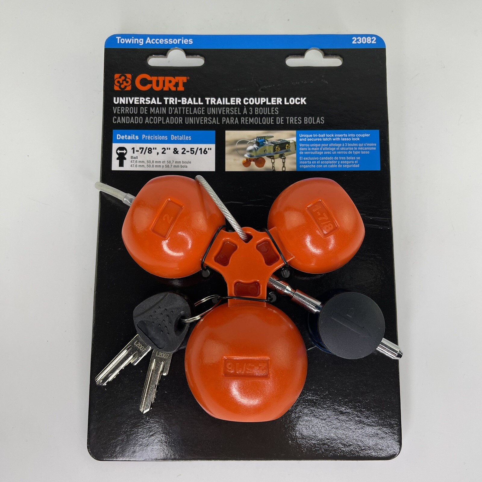Curt-Universal Tri-Ball Trailer Coupler Lock, Fits 1-7/8", 2", 2-5/16"
