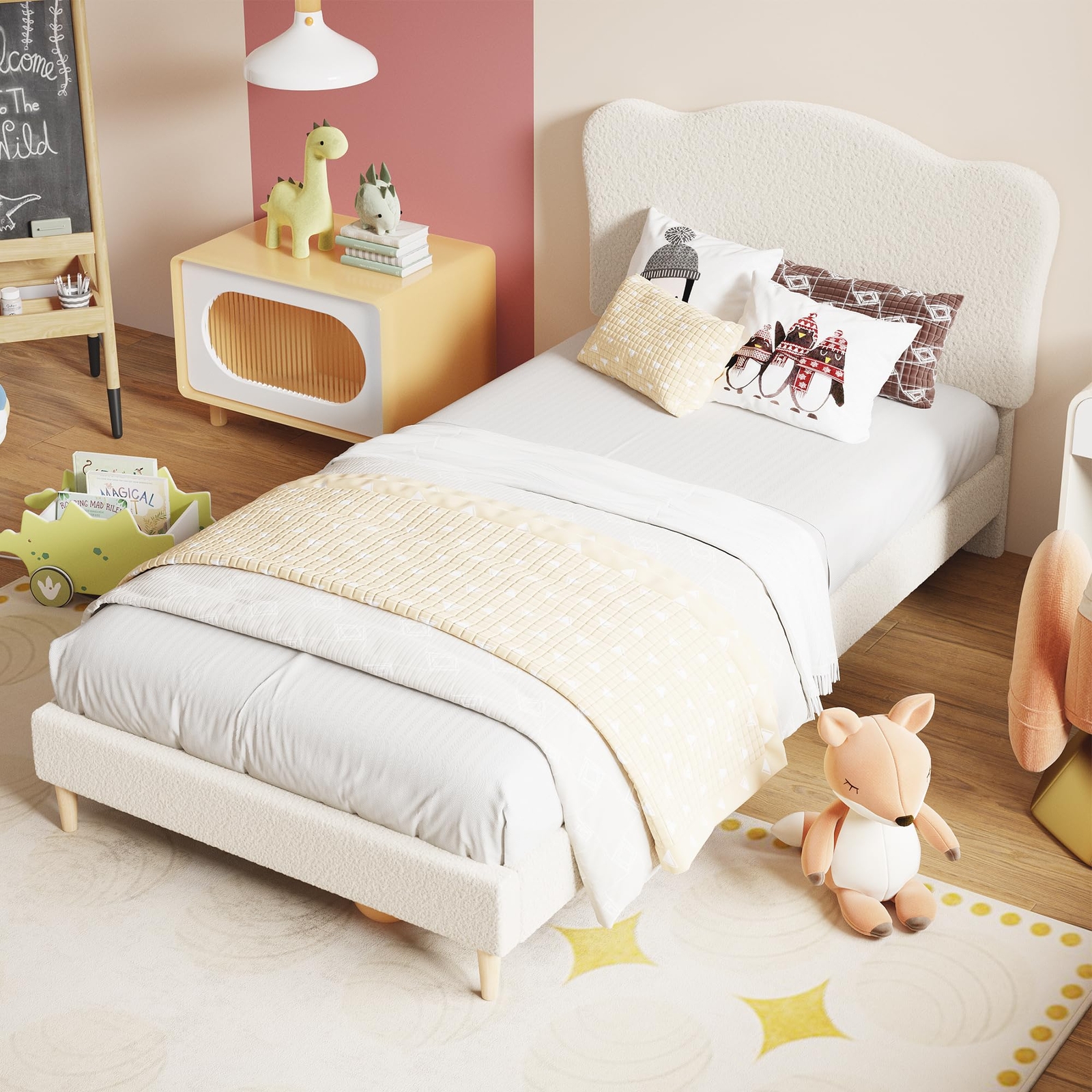 Twin Size Bed Frame Upholstered Kids Bed Frame w/Headboard ,Sturdy Platform Bed