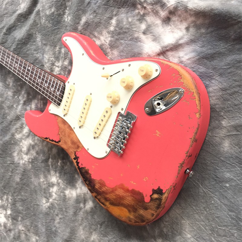 Aged Solid Electric Guitar Stainless Rounded Fret Edge Rosewood Fretboard Pink